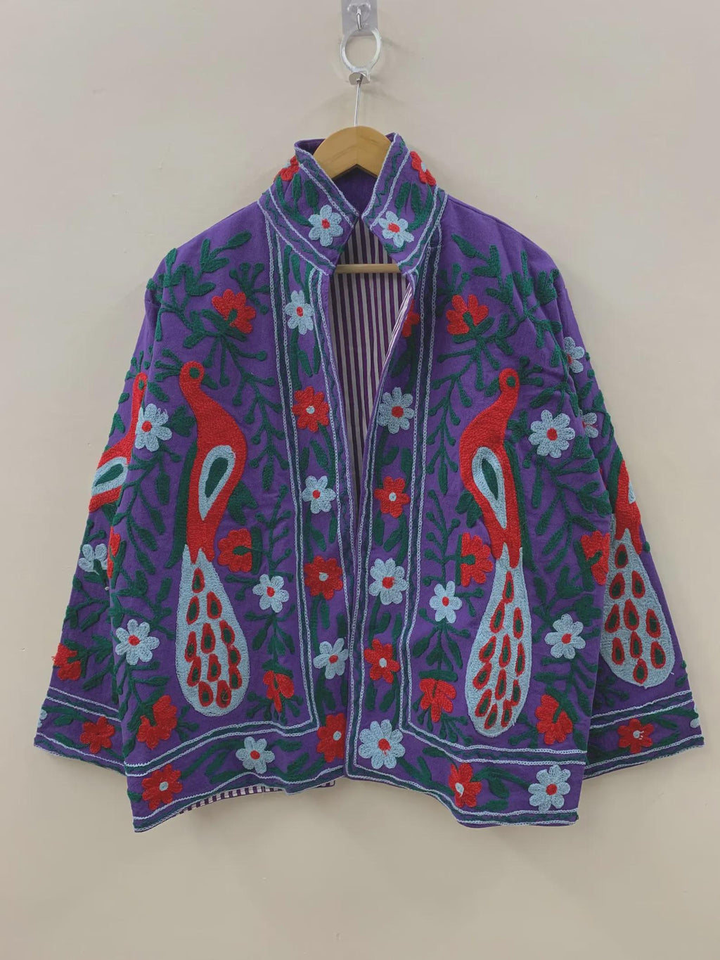Handmade Cotton Suzani Jacket – Purple Embroidered Peacock & Floral Boho Coat | Ethnic Artisan Outerwear | Gift for Her