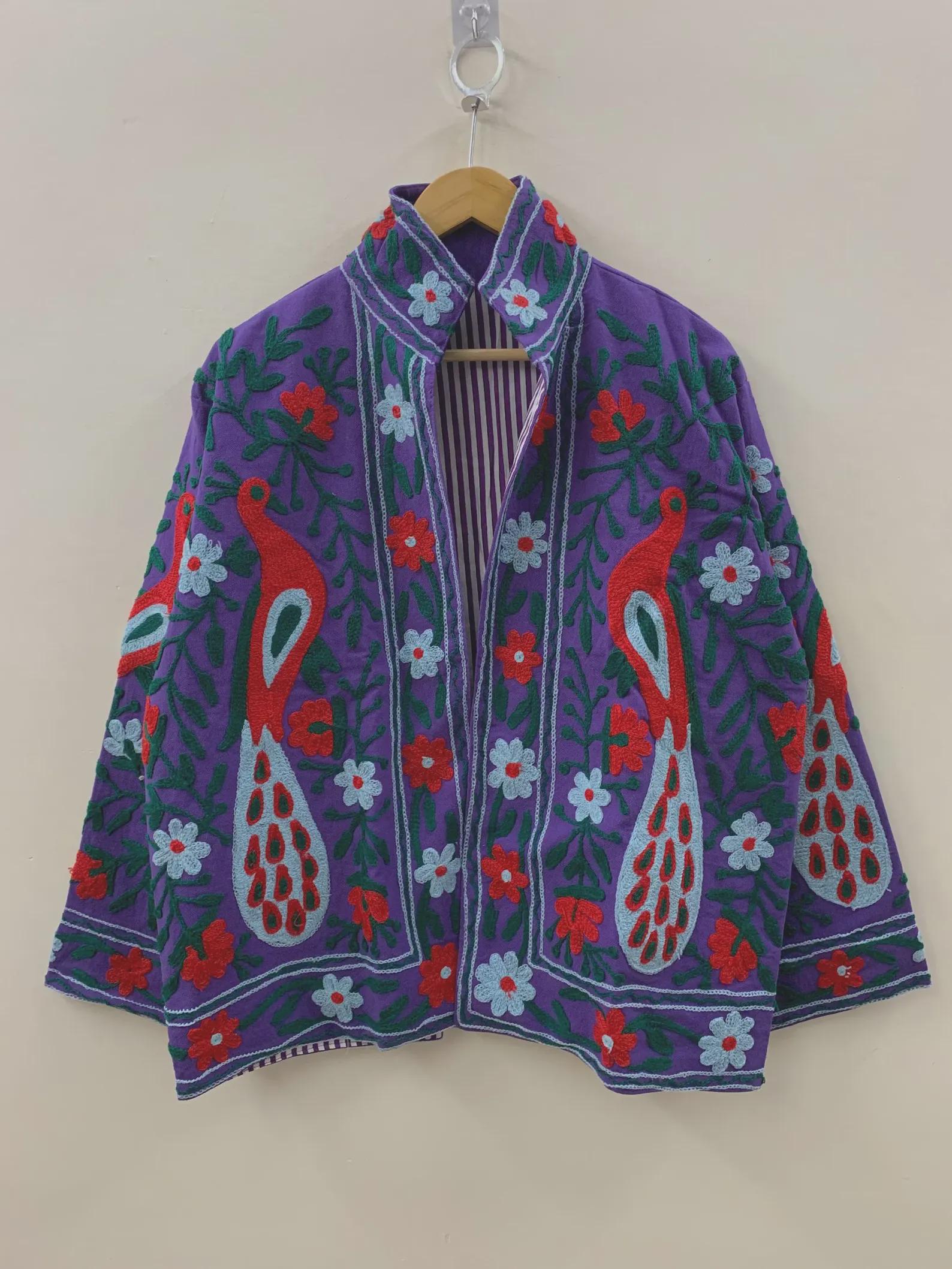 Handmade Cotton Suzani Jacket – Purple Embroidered Peacock & Floral Boho Coat | Ethnic Artisan Outerwear | Gift for Her