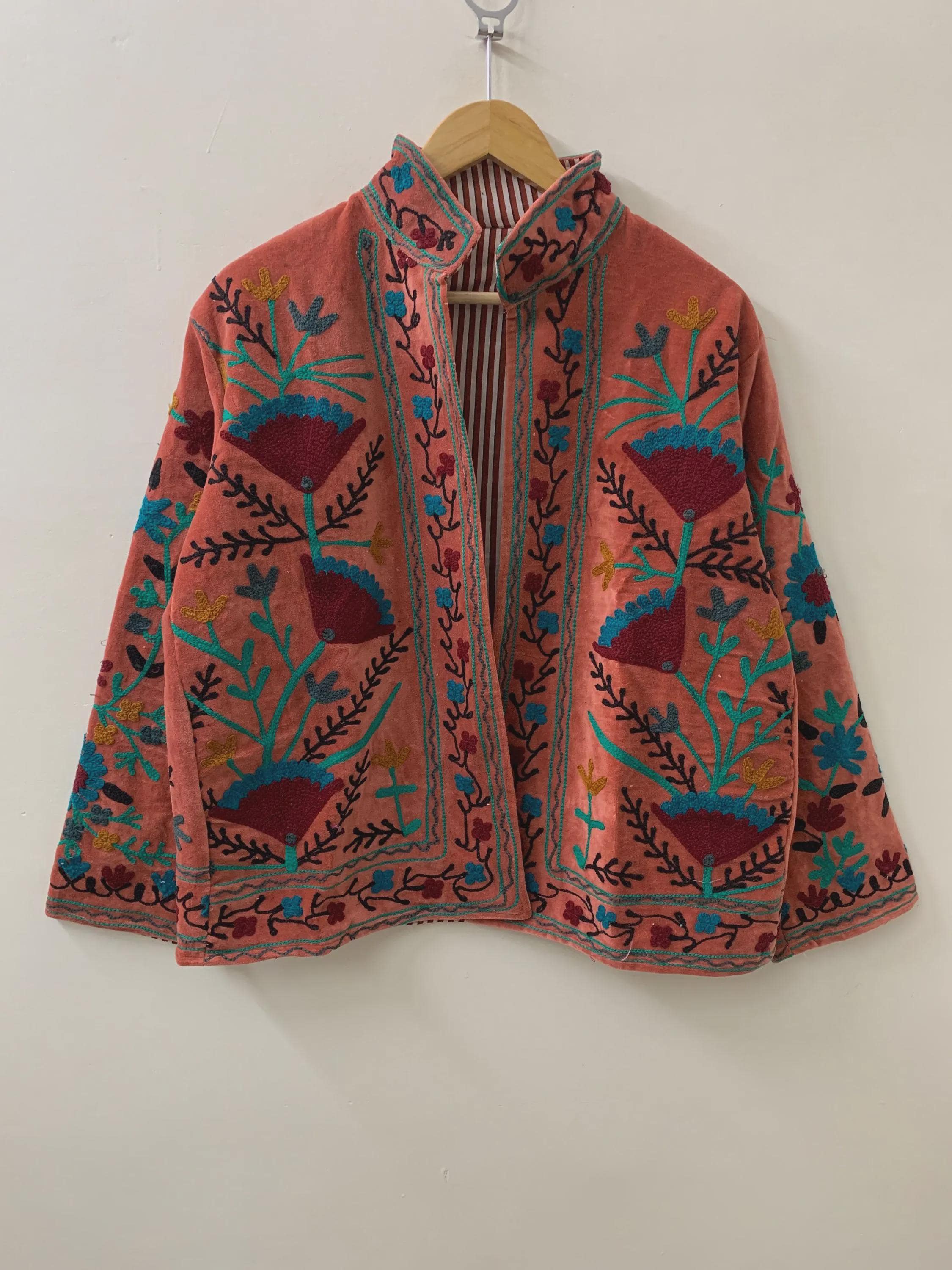 Chic Embroidery Suzani Velvet Short Jacket, Indian Handmade Floral Coat, Unisex Bridesmaid Gift, Winter Jacket, Women's Coat, Suzani Jacket