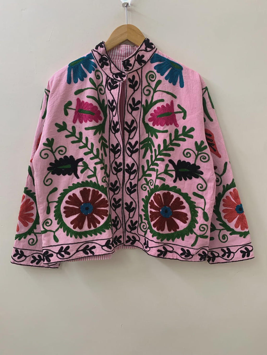 Pink Bohemian Suzani Embroidered Velvet Winter Jacket | Handmade Short Festival Coat for Women | Boho Statement Outerwear