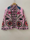 Pink Bohemian Suzani Embroidered Velvet Winter Jacket | Handmade Short Festival Coat for Women | Boho Statement Outerwear