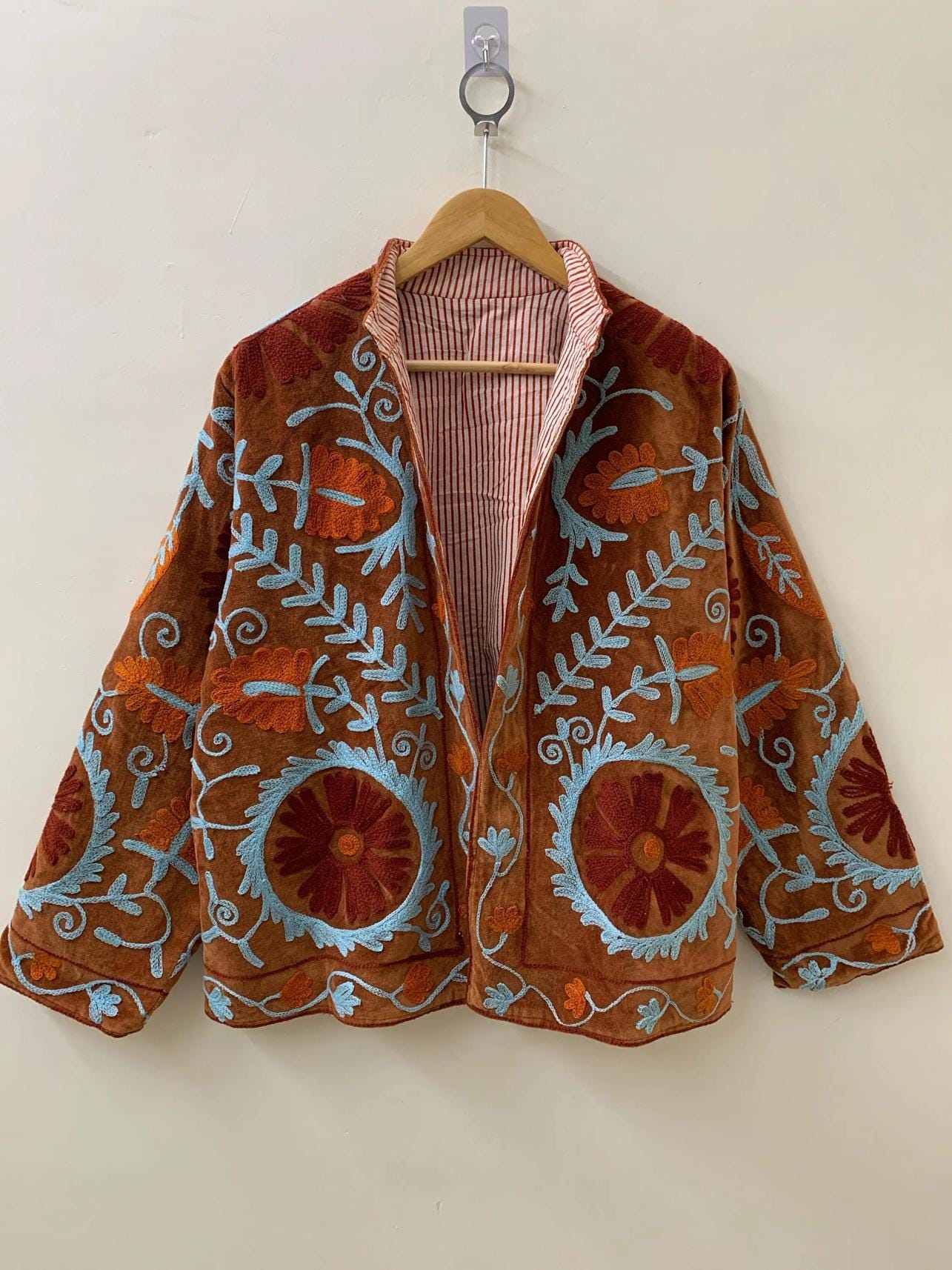 Brown Soft Velvet Suzani Winter Short Jacket | Winter Handmade Jacket | Embroidered Jacket Coat | Velvet Jacket | Suzani Coat | One Size