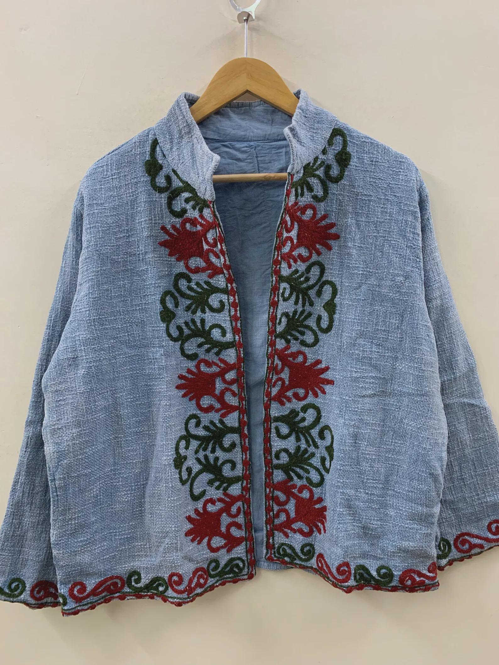 Grey TNT Suzani Short Jacket | Embroidered Floral Coat Robe | Ethnic Uzbek Textile | Festival Kimono Jacket |Warm Outerwear |Gift For Her