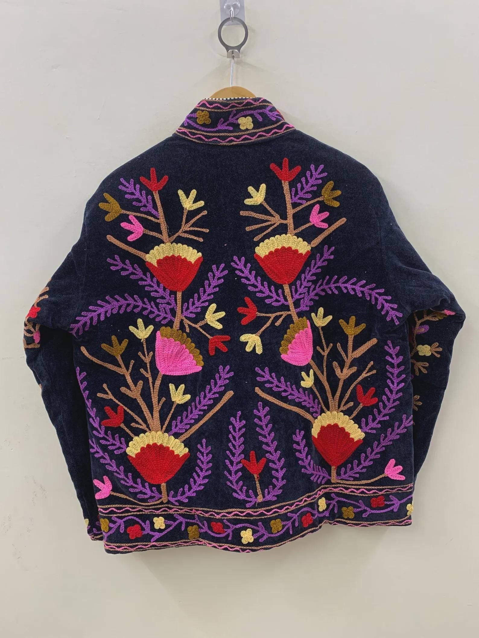 Embroidered Velvet Suzani Winter Jacket | Indian Boho Style Coat | Spring Bomber Jacket | Gift For Her | Suzani Outerwear | Duster Jacket