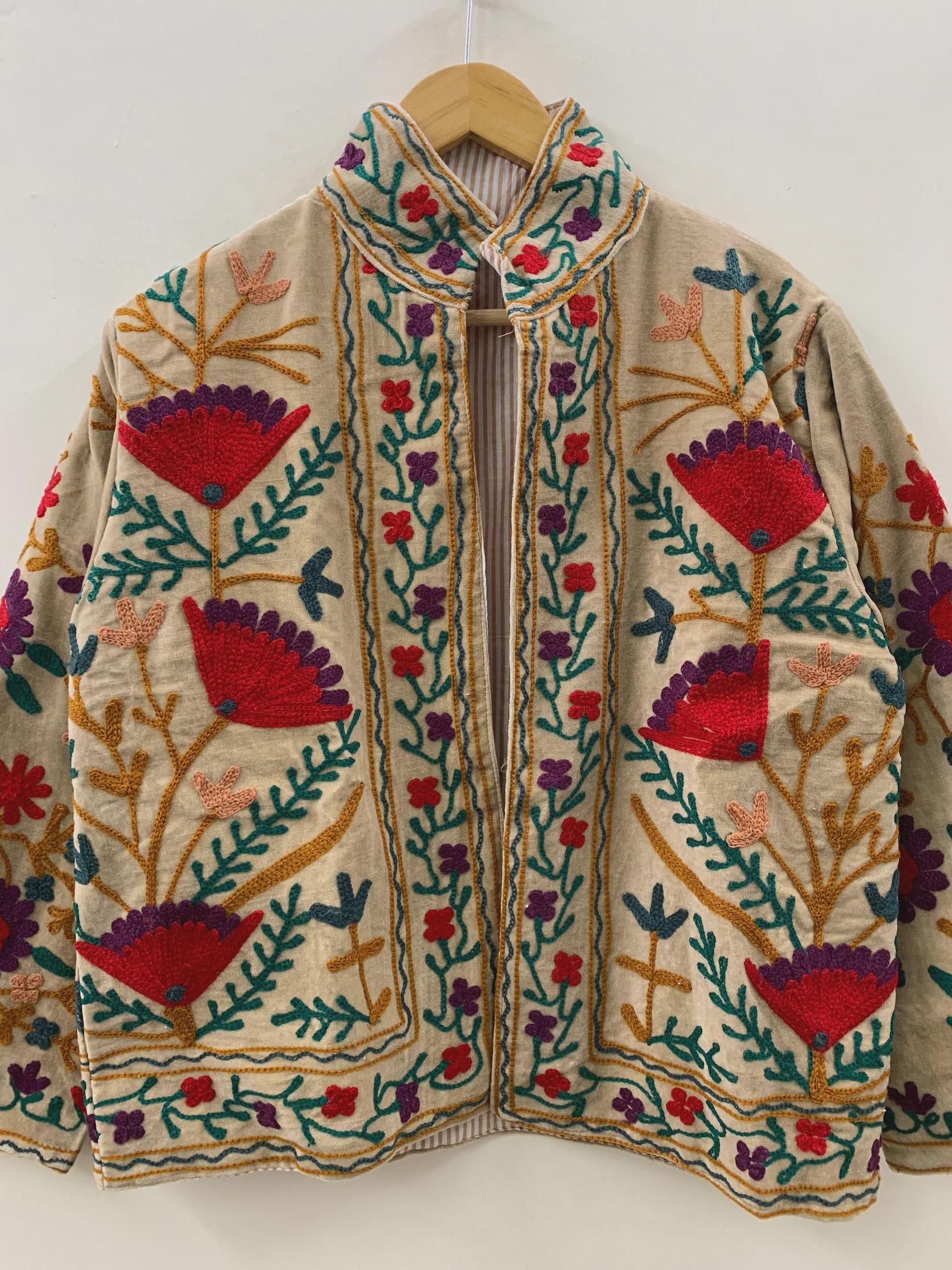 Velvet Embroidery Suzani Jacket | Indian Style Boho Coat | Unisex Bridesmaid Gift | Winter Jacket | Kimono Robe, Duster Jacket, Gift For Her