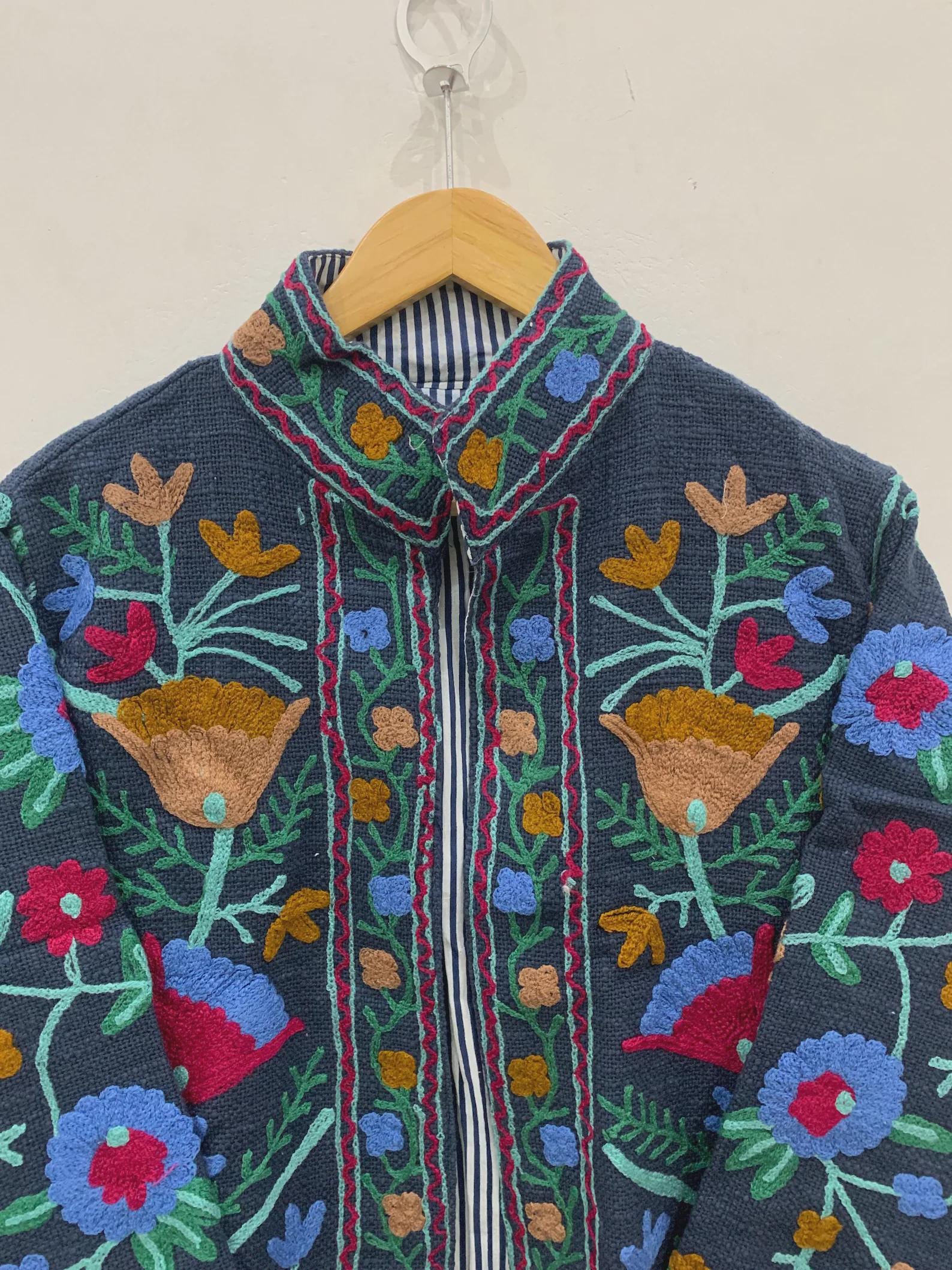 Black Floral Velvet Suzani Jacket | Embroidered Winter Short Coat | Gift For Her