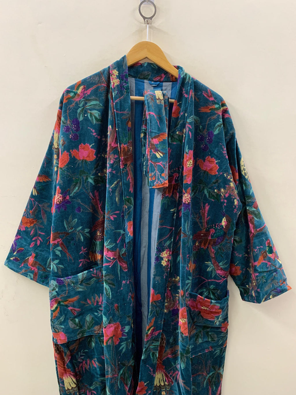 Blue Jungle Velvet Kimono Robe | Tropical Animal Print Loungewear | Cheetah & Bird Pattern |Safari Dressing Gown with Belt | Women's Kimono