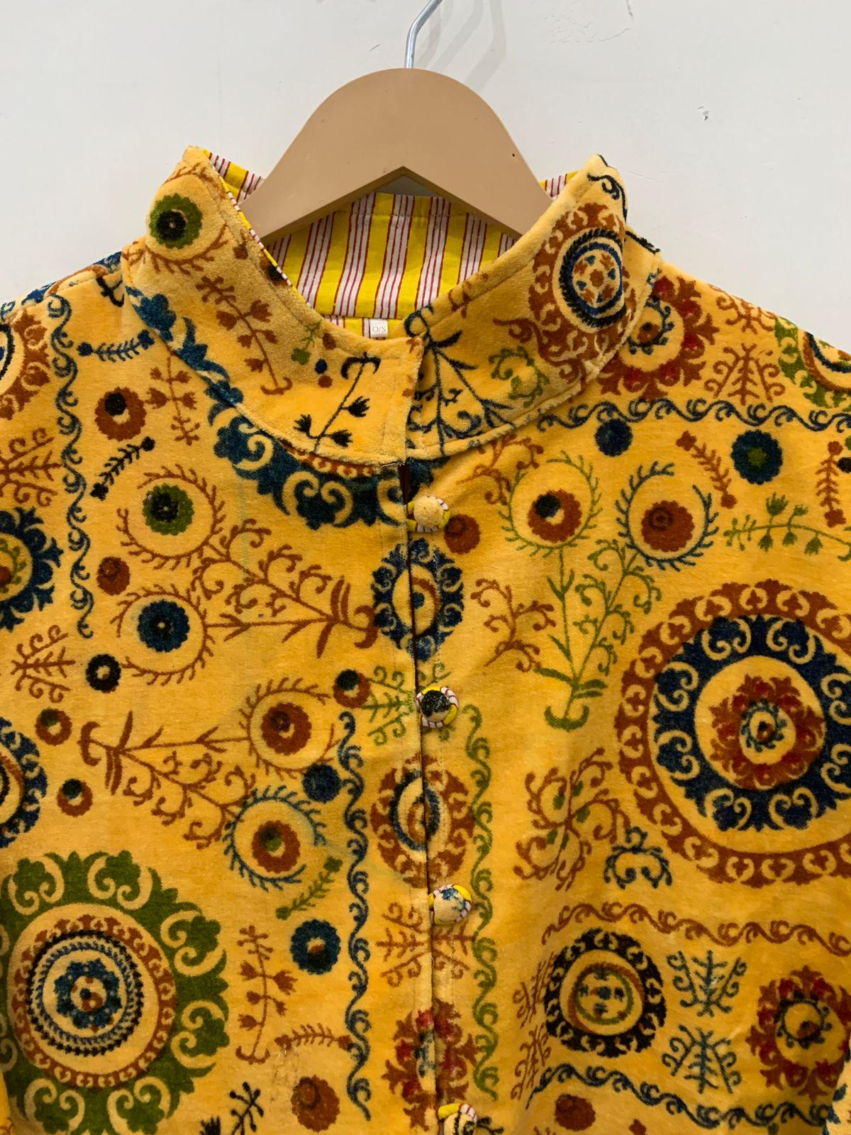 Yellow Floral Print Velvet Short Jacket | Printed Spring Jacket | Duster Jacket, Quilted Bomber Coat, Outerwear, Travel Jacket, Gift For Her