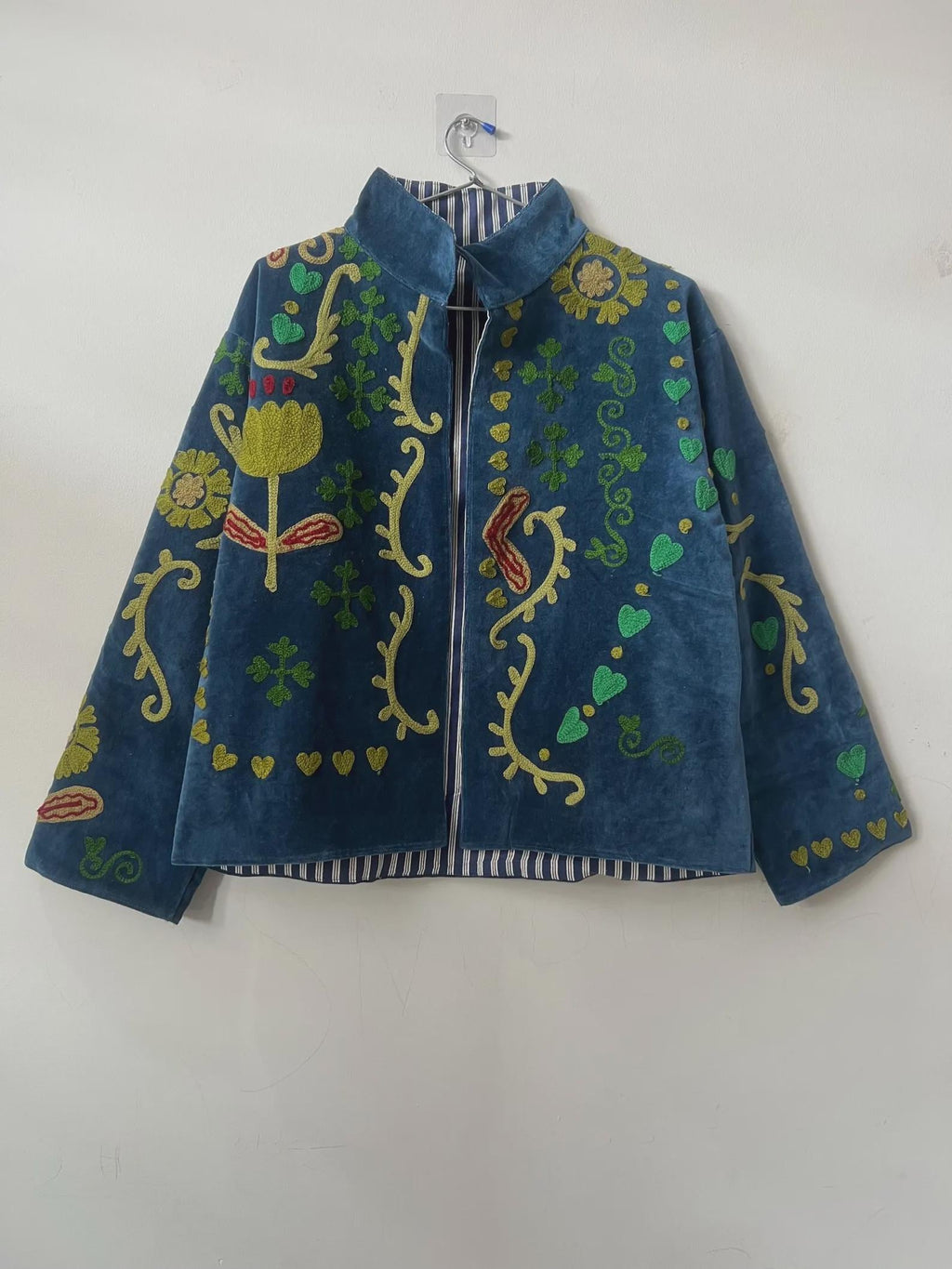 Bohemian Velvet Suzani Embroidered Coat | Floral Statement Jacket | Ethnic Duster Outerwear | Bomber Style Jacket |Gift For her