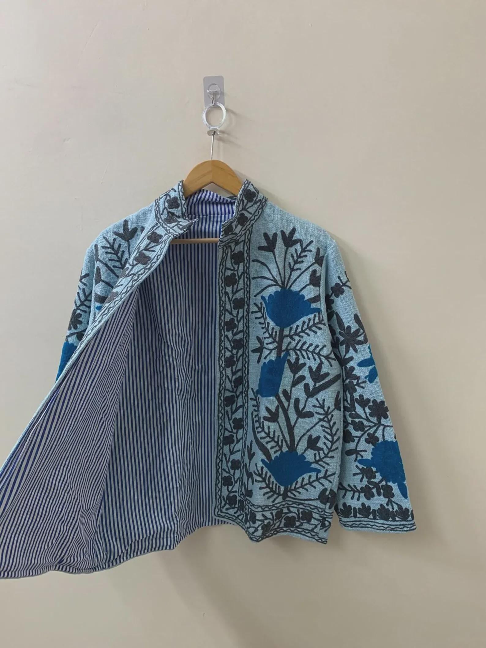 Floral Velvet Suzani Jacket | Embroidered Winter Short Coat | Gift For Her