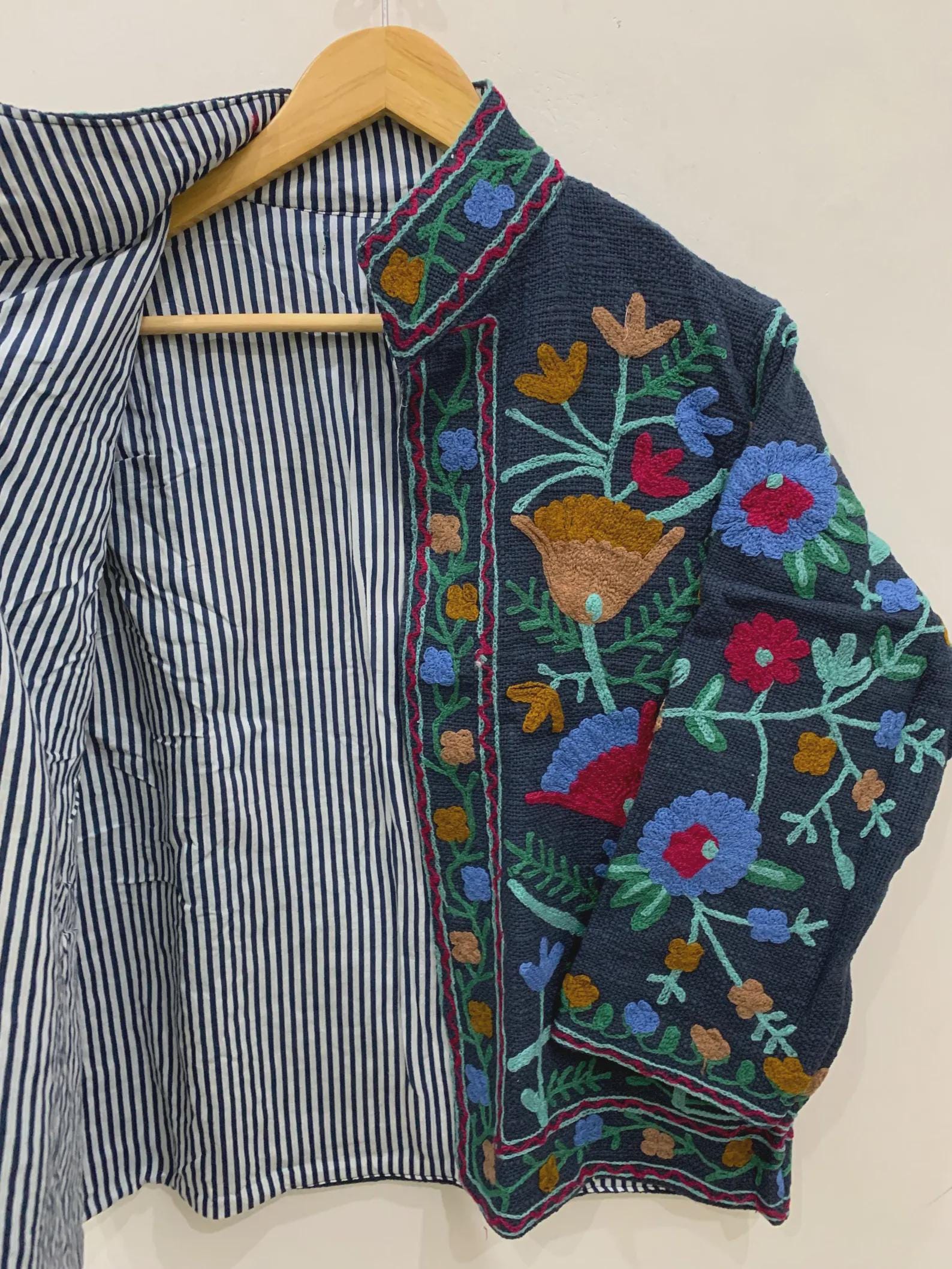 Black Floral Velvet Suzani Jacket | Embroidered Winter Short Coat | Gift For Her