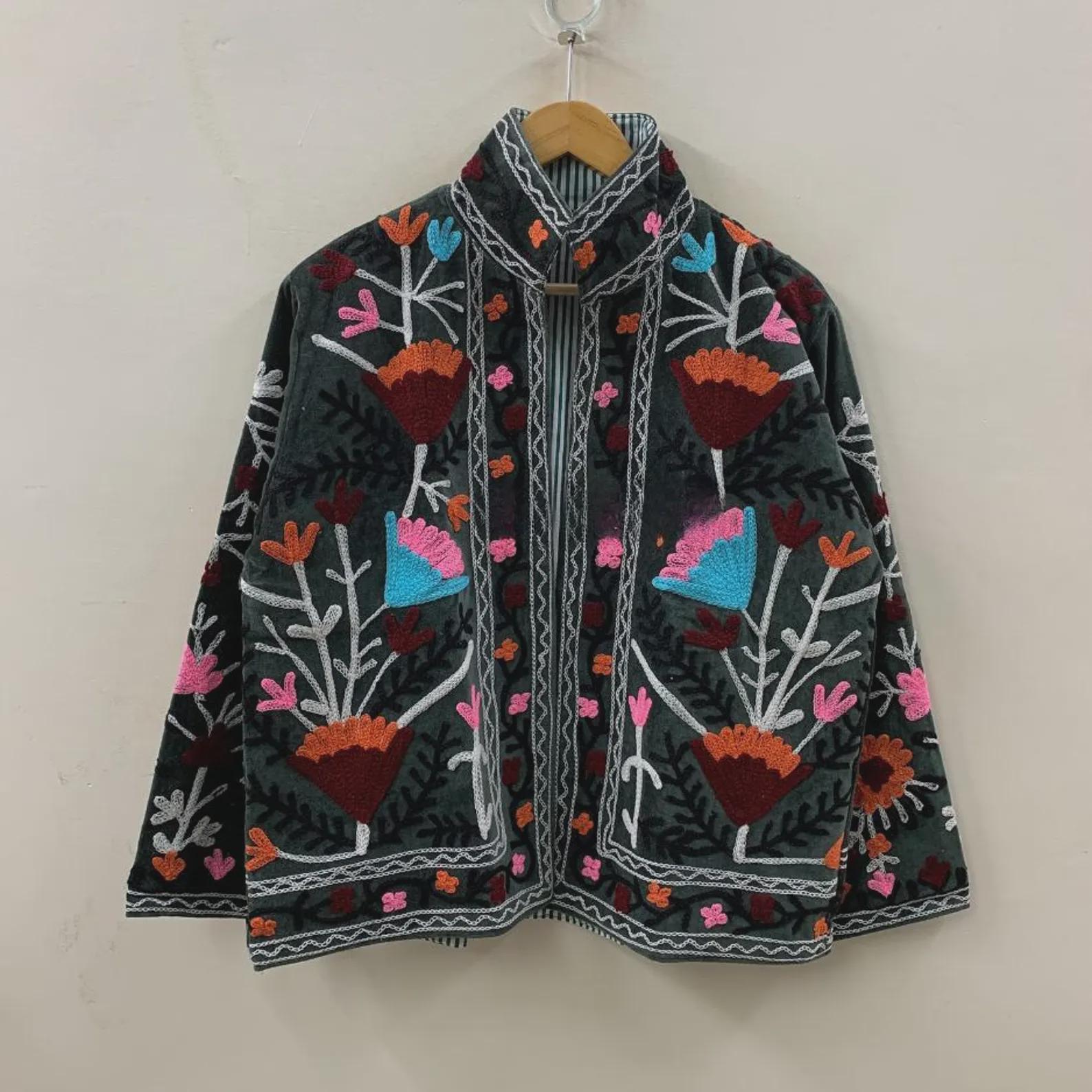 Boho Suzani Velvet Short Jacket | Vintage Button Winter Coat | Short Ethnic Jacket | Spring Bomber Jacket | Gift For Her | Suzani Outerwear
