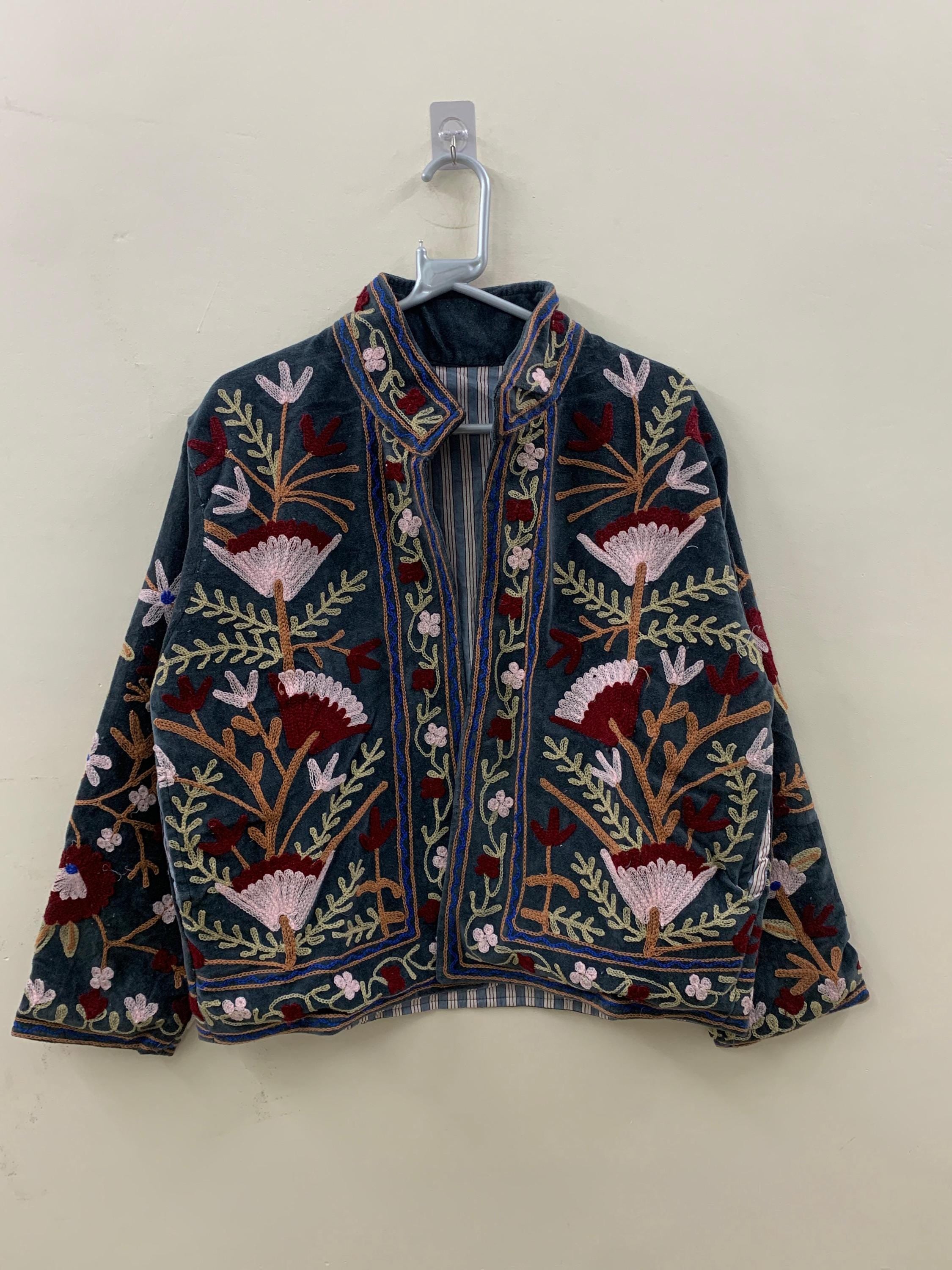Boho Suzani Velvet Short Jacket | Vintage Button Winter Coat | Short Ethnic Jacket | Spring Bomber Jacket | Gift For Her | Suzani Outerwear