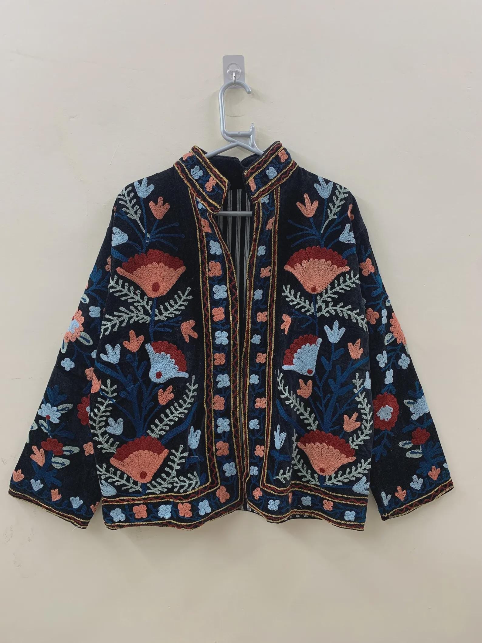Blue Suzani Velvet Short Jacket | Vintage Button Winter Coat | Short Ethnic Jacket | Spring Bomber Jacket | Gift For Her | Suzani Outerwear