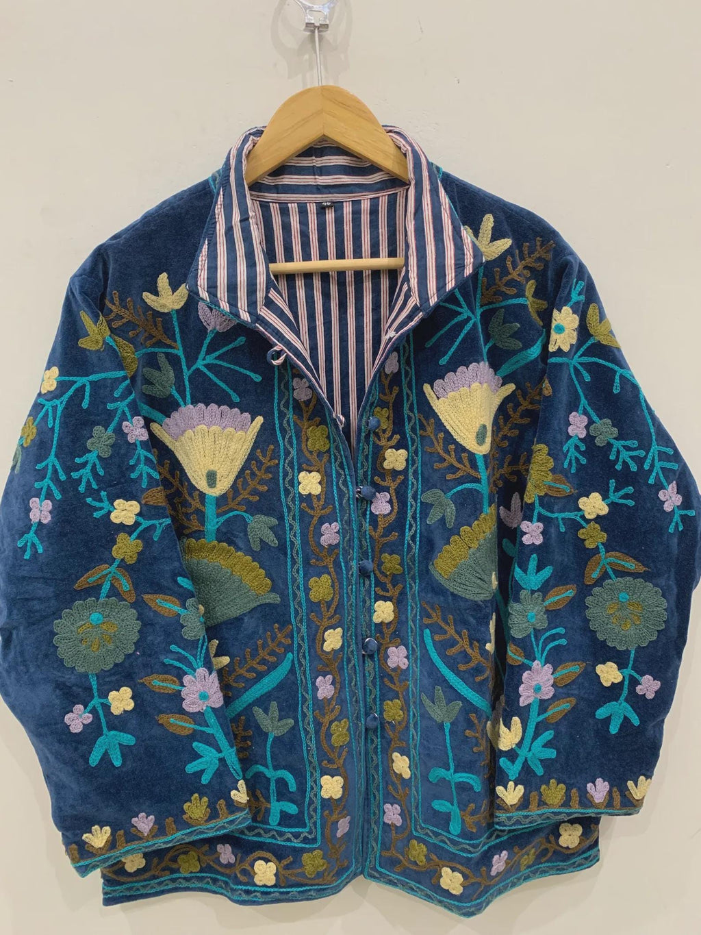 Blue Velvet Suzani Hand Embroidered Jacket | Kimono Jacket | Winter Jacket | Unisex Coat | Vintage Jacket | Warm Outerwear | Gift for Her