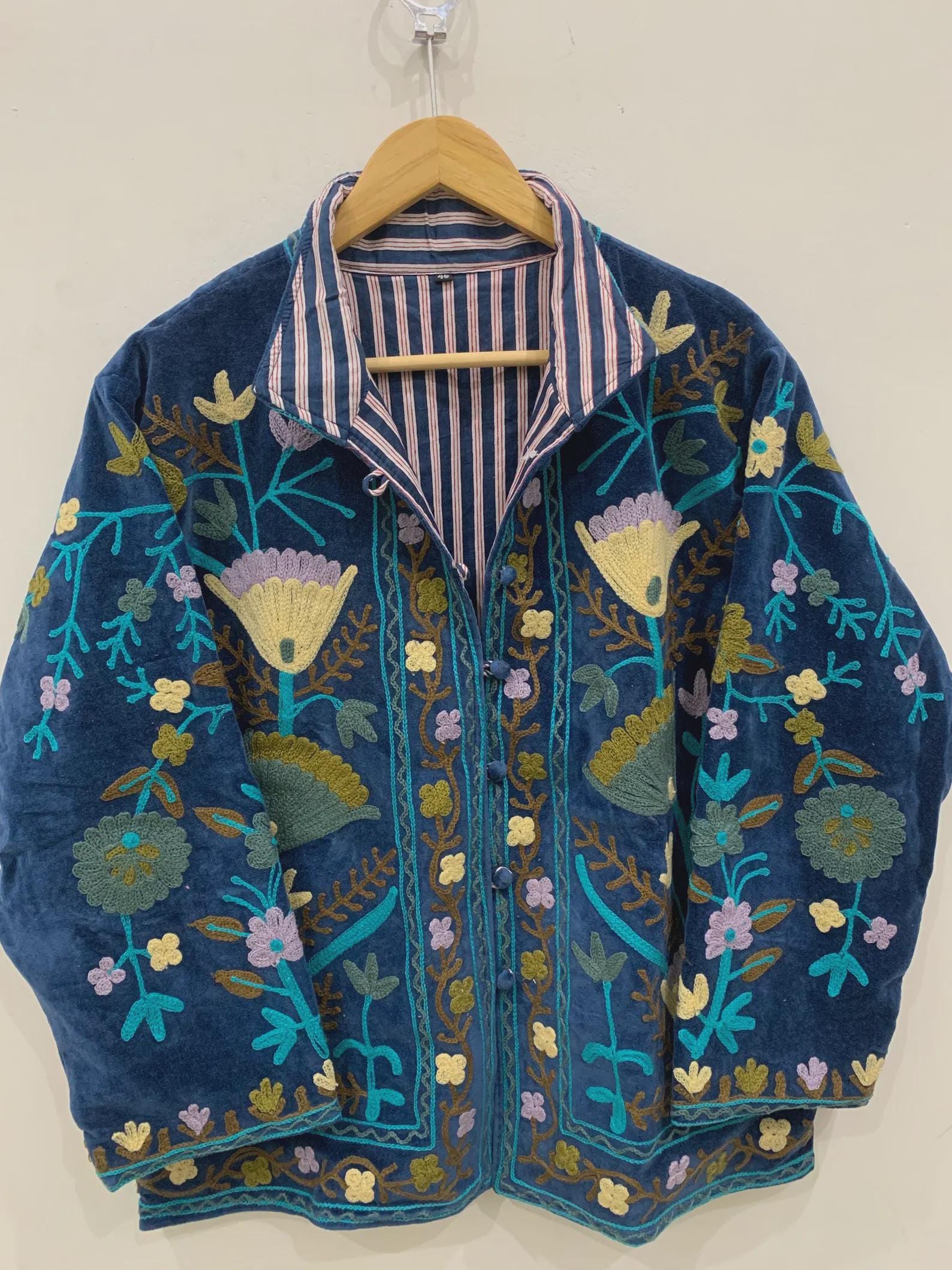 Blue Velvet Suzani Hand Embroidered Jacket | Kimono Jacket | Winter Jacket | Unisex Coat | Vintage Jacket | Warm Outerwear | Gift for Her