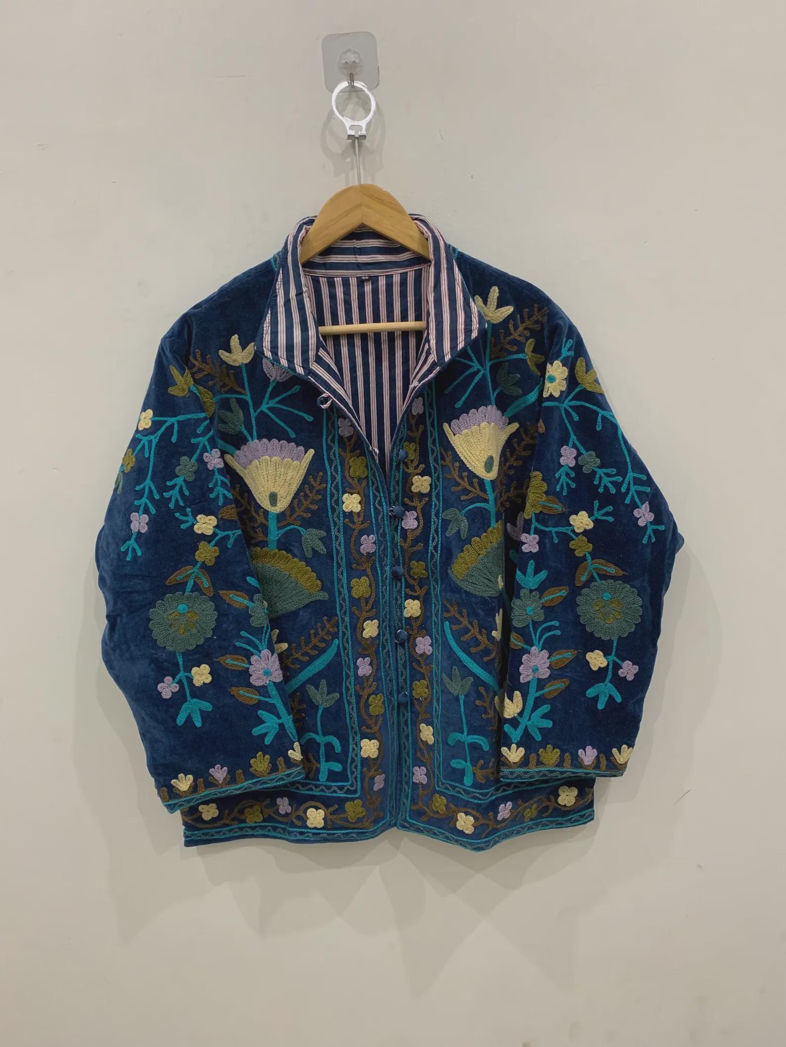 Blue Velvet Suzani Hand Embroidered Jacket | Kimono Jacket | Winter Jacket | Unisex Coat | Vintage Jacket | Warm Outerwear | Gift for Her