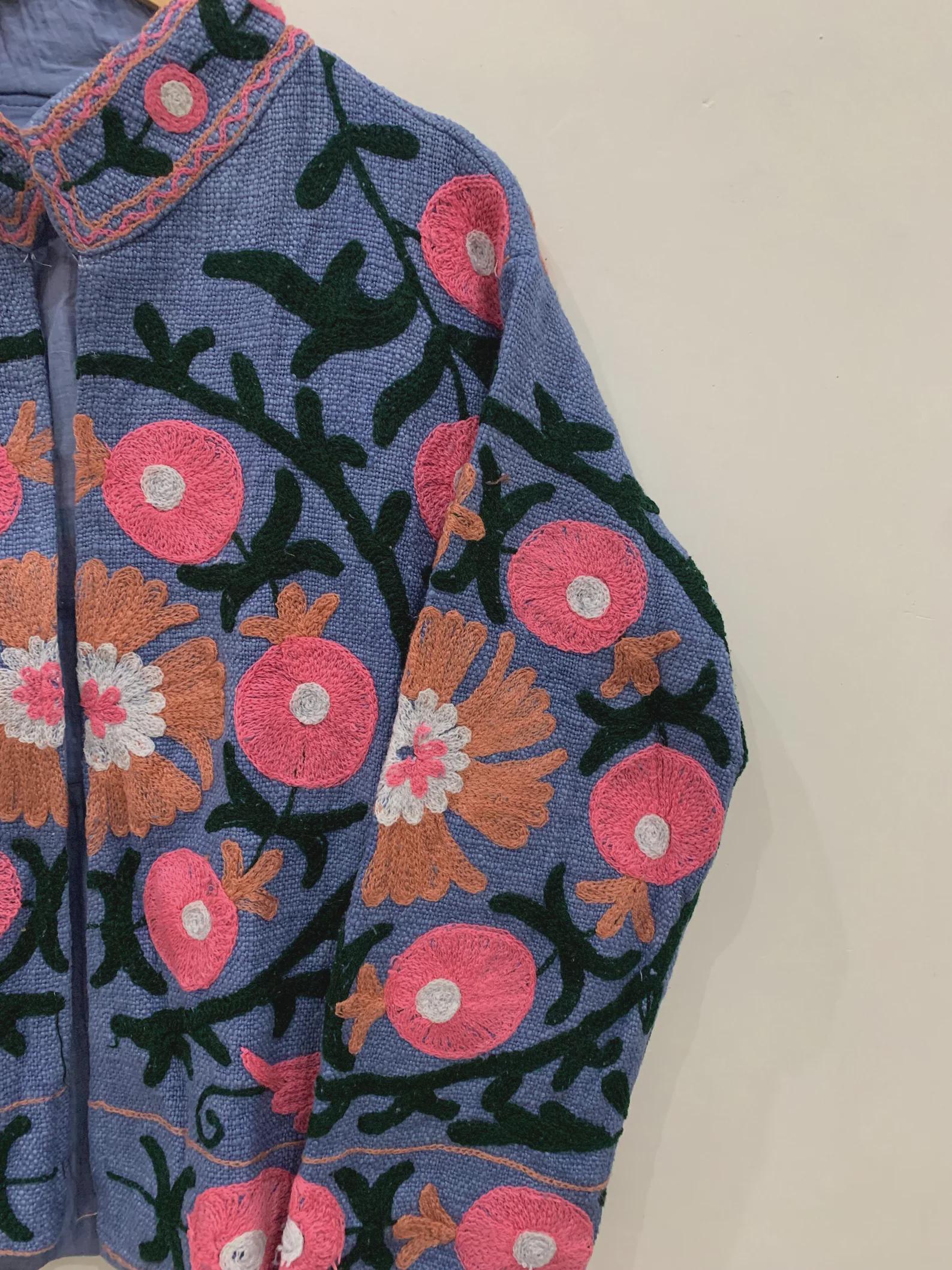 Women's Suzani Cotton Short Duster Coat, Indian Cotton Handmade Embroidery Coat, Suzani Cotton Boho Jacket, Gift For Her, Boho Suzani Coat
