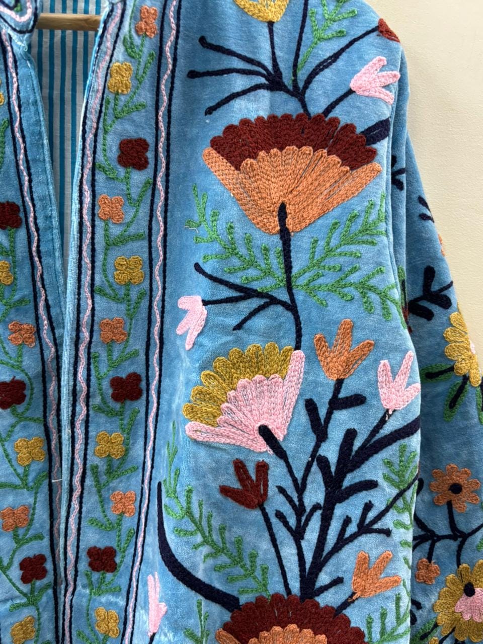 Blue Hand-Embroidered Suzani Velvet Jacket, Boho Festival Coat, Gift For Her