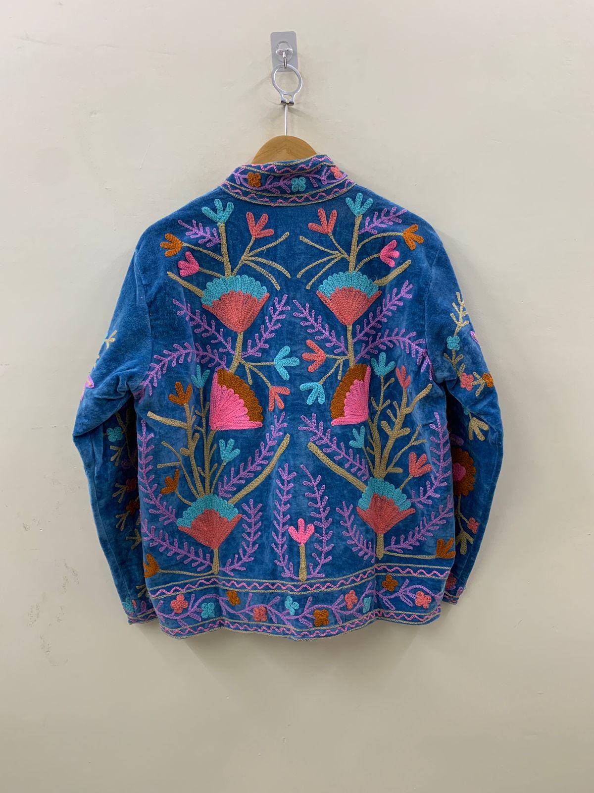 Blue Velvet Suzani Embroidery Jacket | Women's Suzani Duster Coat | Winter Kimono Jacket | Boho Bomber Robe | Gift for Her