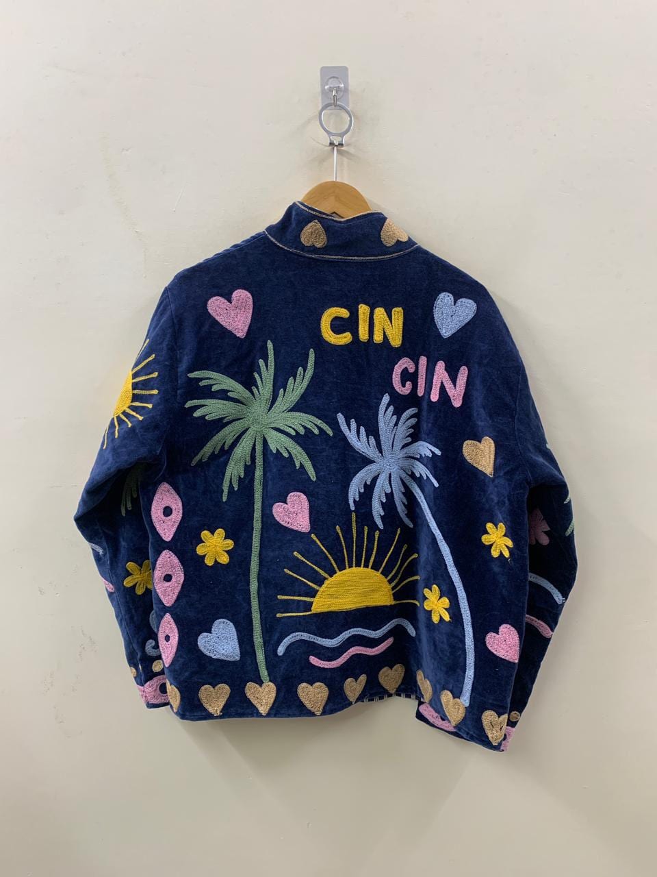 Unique Velvet Suzani Short Jacket | Boho Embroidered Statement Coat | Sun, Palm, Moon & Heart Design | Colorful Festival Jacket |Duster Coat