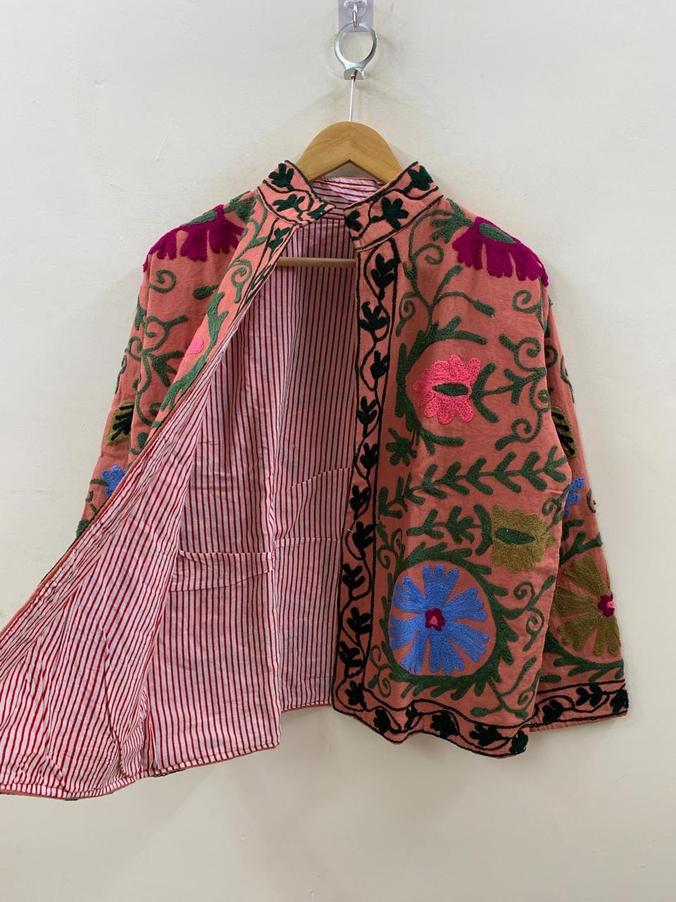 Suzani Cotton Short Coat, Women's Jacket, Indian Cotton Handmade Embroidery Coat, Suzani Cotton Boho Jacket, Gift For Her, Boho Suzani Coat