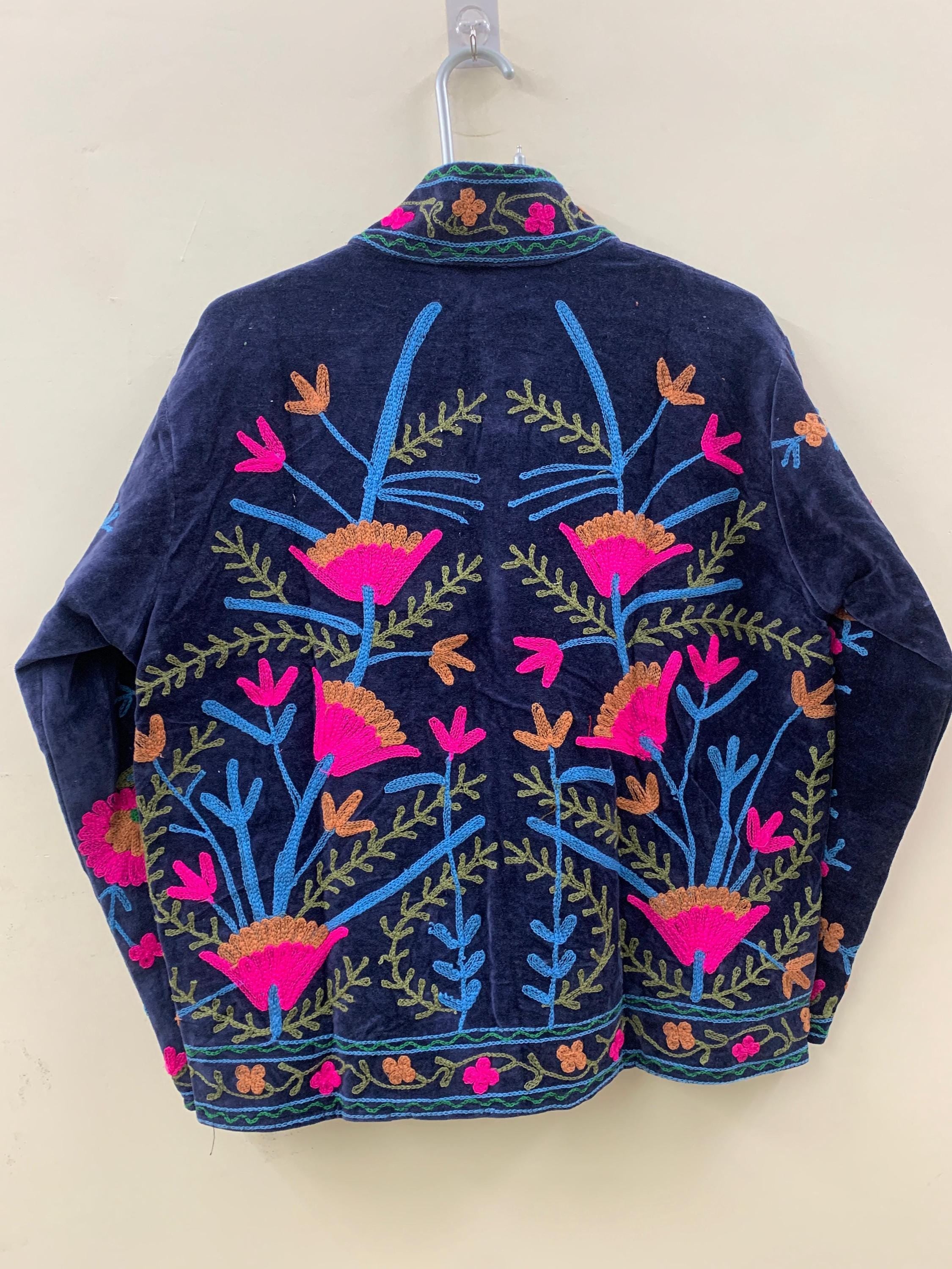 Blue Suzani Velvet Jacket Women |Embroidered Short Coat | Vintage Ethnic Style | Cropped Jacket | Winter Jacket | Gift For Her | Suzani Coat