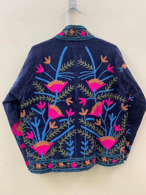 Blue Suzani Velvet Jacket Women |Embroidered Short Coat | Vintage Ethnic Style | Cropped Jacket | Winter Jacket | Gift For Her | Suzani Coat