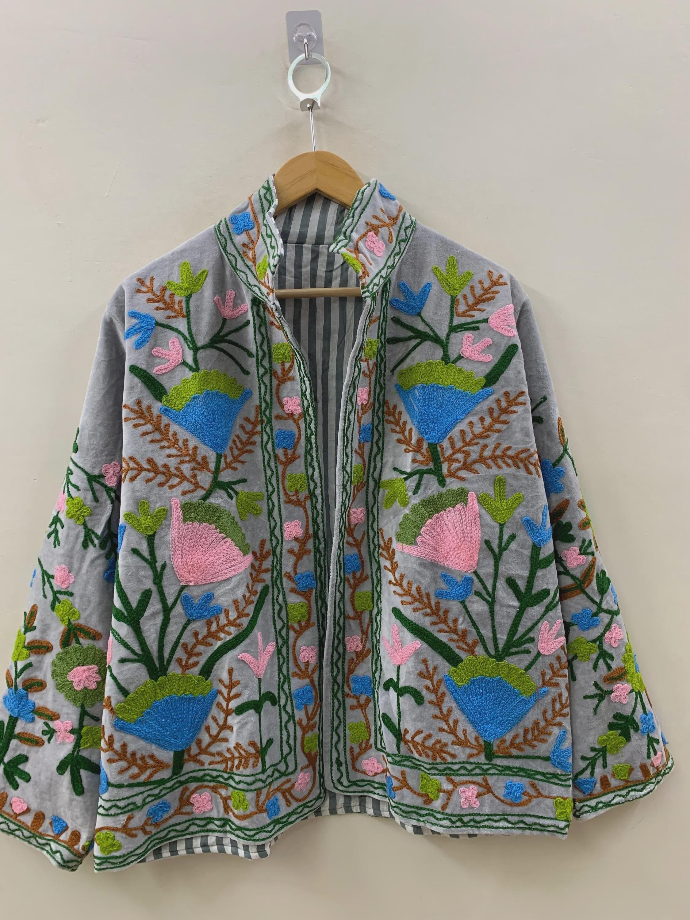 Women's Grey Velvet Suzani Embroidery Jacket | Suzani Duster Jacket | Winter Kimono Jacket | Bomber Coat, Robe, Gift For Her |Street Fashion
