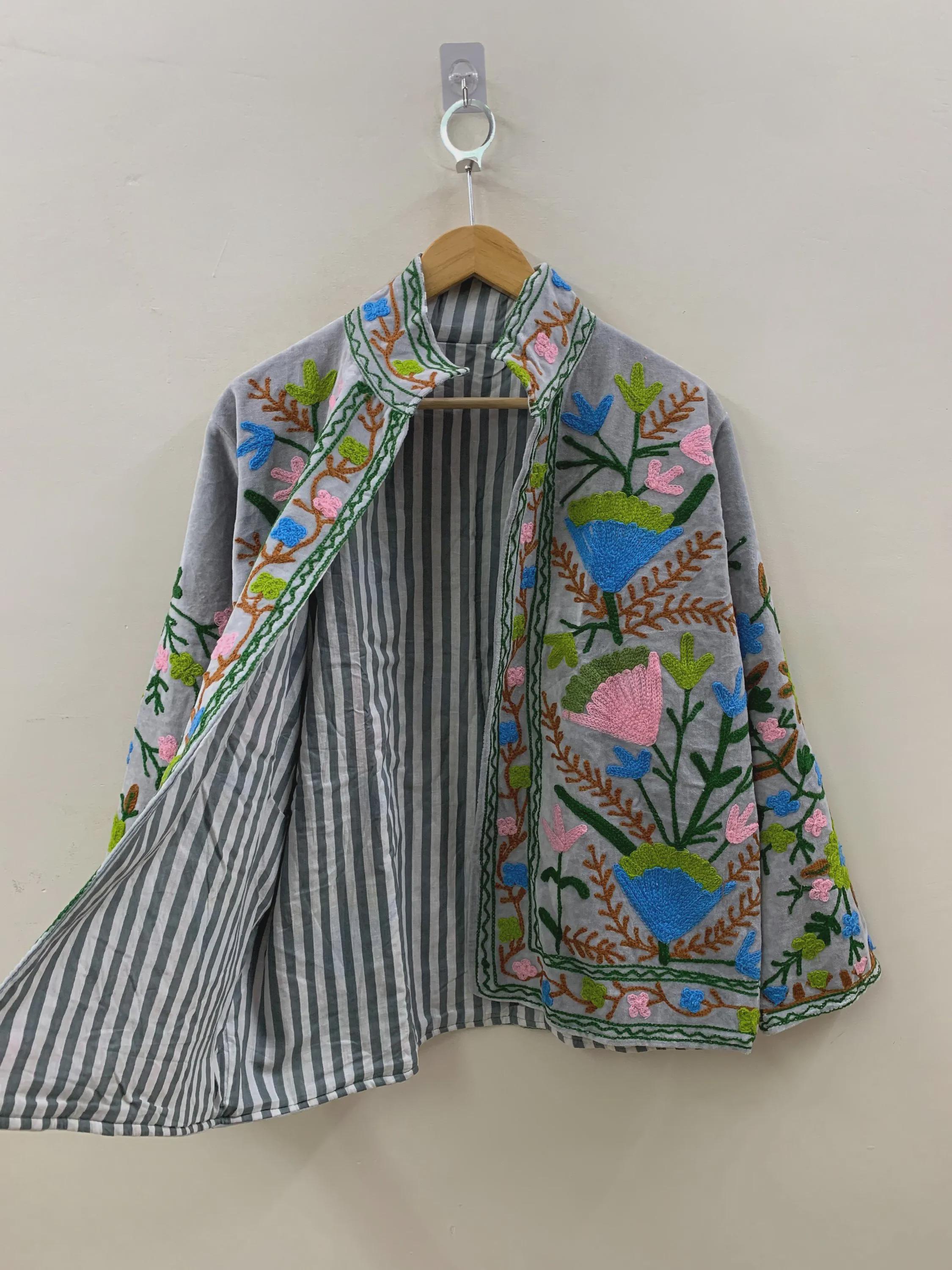 Grey Velvet Suzani Winter Jacket | Handmade Velvet Jacket | Embroidered Suzani Jacket | Women Coat |Boho Outerwear | One Size | Gift for Her
