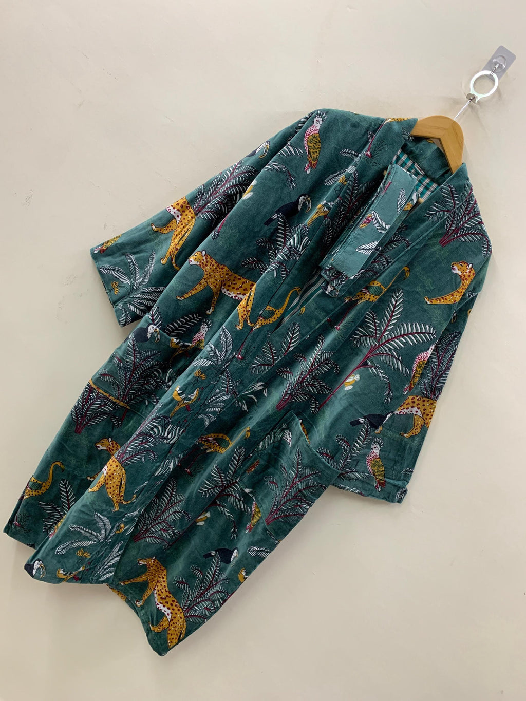 Green Jungle Velvet Winter Kimono Robe | Tropical Animal Print Loungewear | Cheetah & Bird Pattern | Cozy Winter Boho Robe | Gift for Her