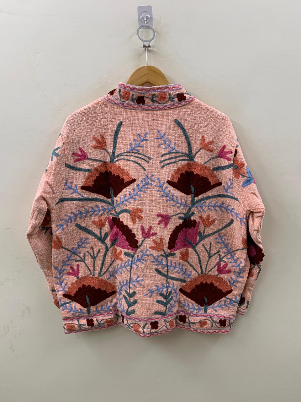 Pink Suzani TNT Fabric Short Boho Jacket | Long Sleeve Button Winter Coat