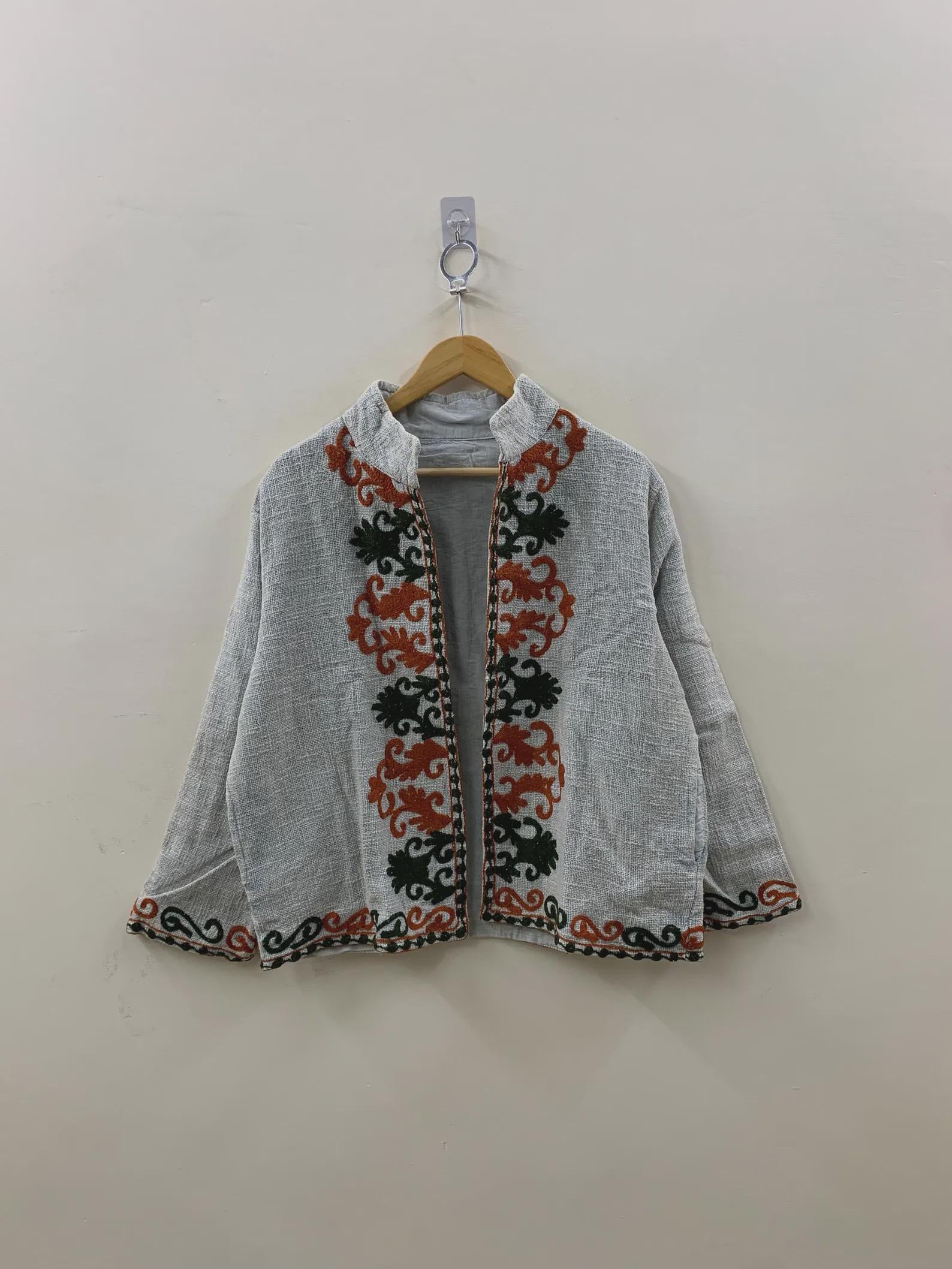 Handmade Embroidered TNT Cropped Jacket: Boho Streetwear Coat, Suzani Cotton Boho Jacket, Gift For Her, Boho Suzani Coat