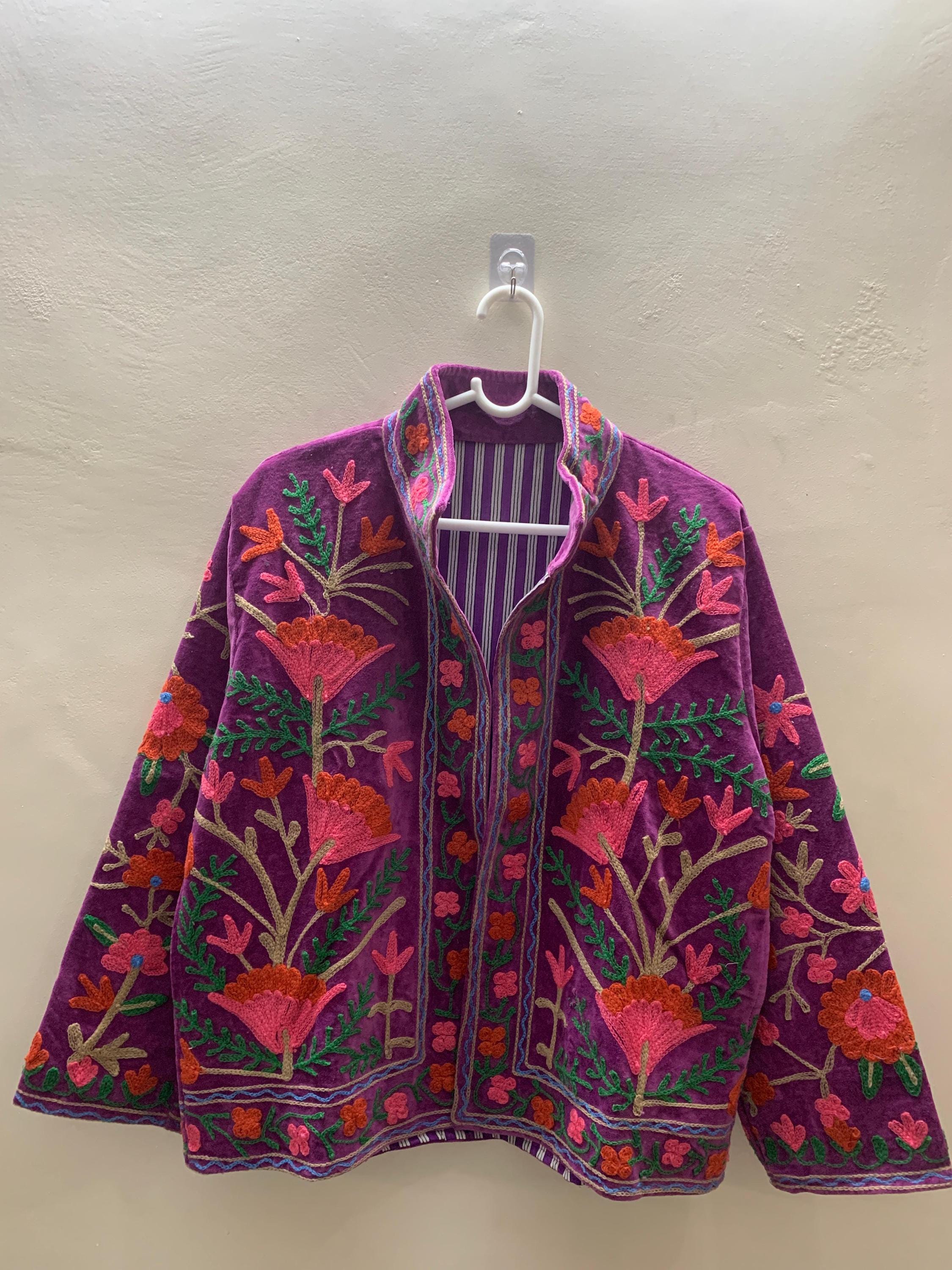 Ethnic Suzani Velvet Short Boho Jacket | Vintage Button Winter Coat | Short Jacket | Spring Bomber Jacket | Gift For Her | Suzani Pink Coat