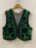 Green Velvet Suzani Vest | Hand Embroidered Floral Vest | Boho Sleeveless Waistcoat | Vintage Festival Jacket | Statement Bohemian Vest