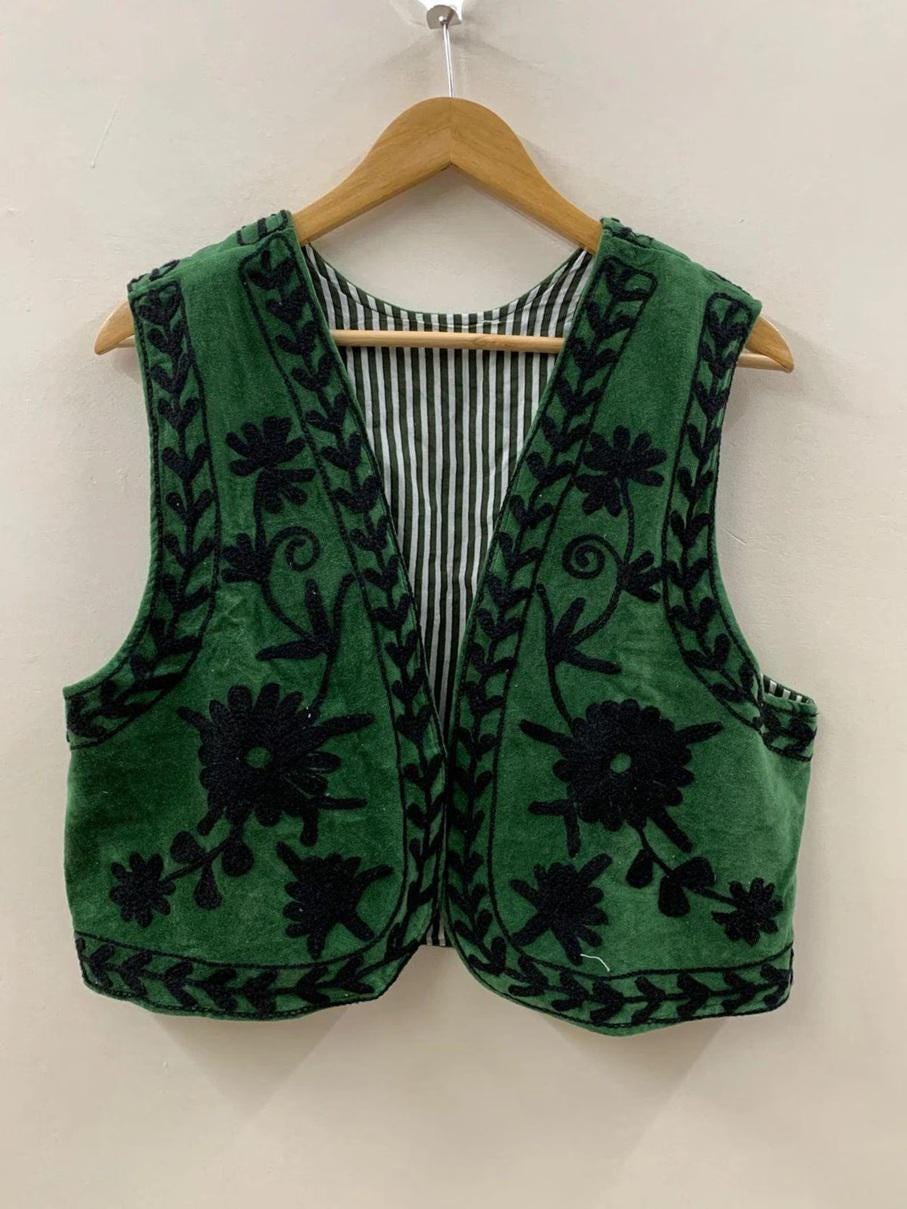 Green Velvet Suzani Vest | Hand Embroidered Floral Vest | Boho Sleeveless Waistcoat | Vintage Festival Jacket | Statement Bohemian Vest