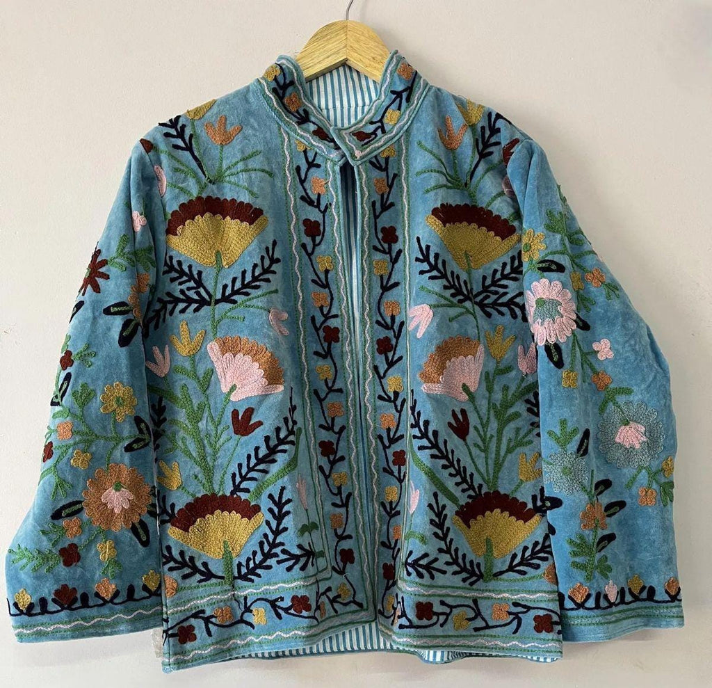 Suzani Embroidered Velvet Winter Jacket | Handmade Short Festival Coat | Ethnic Bohemian Outerwear | Winter Kimono Jacket | Gift For Wife
