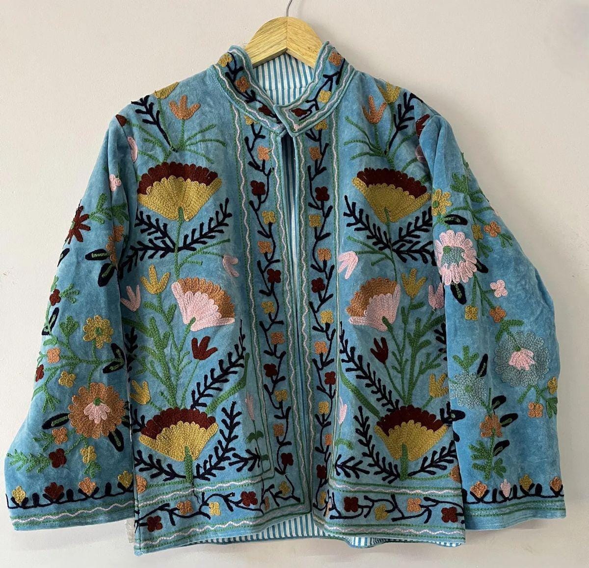 Suzani Embroidered Velvet Winter Jacket | Handmade Short Festival Coat | Ethnic Bohemian Outerwear | Winter Kimono Jacket | Gift For Wife