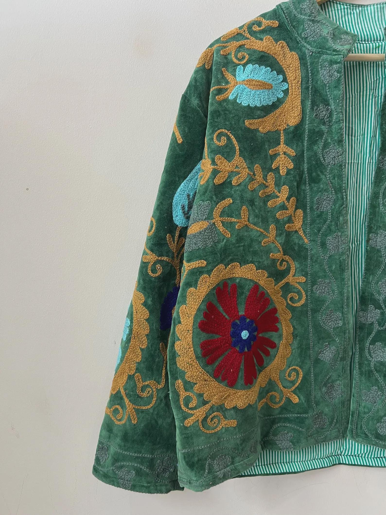 Suzani Embroidered Velvet Winter Jacket | Handmade Short Festival Coat | Ethnic Bohemian Outerwear | Winter Kimono Jacket | Gift For Wife