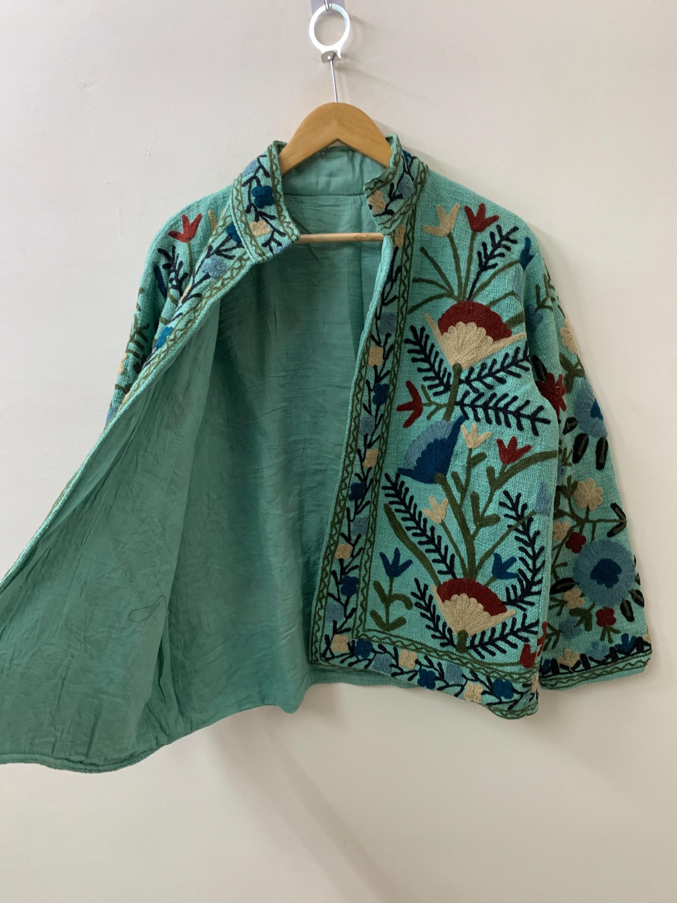 Green Suzani TNT Fabric Short Boho Jacket | Long Sleeve Button Winter Coat | Short Jacket | Spring Bomber Jacket | Gift For Her | TNT Coat