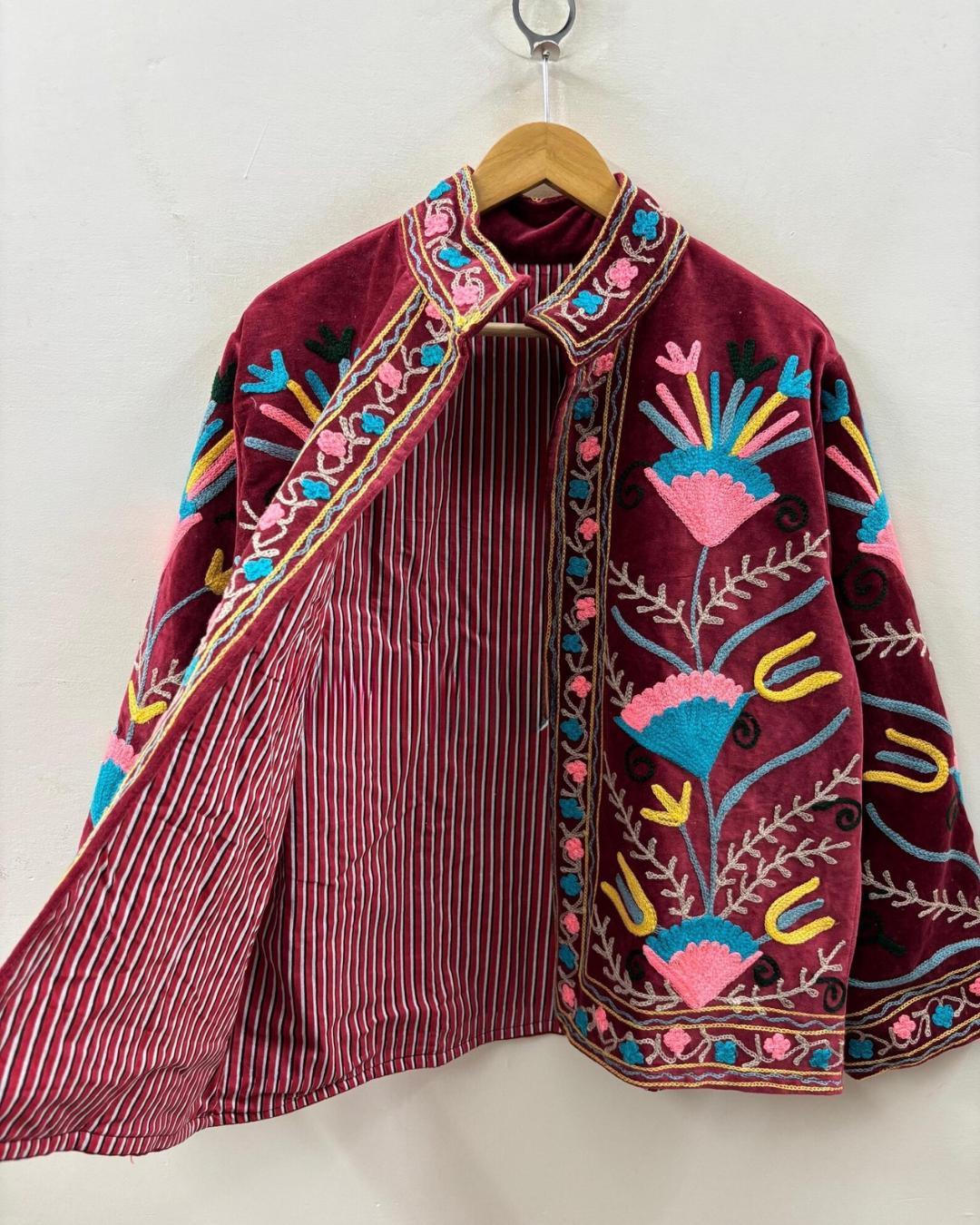 Handmade Suzani Embroidered Velvet Jacket | Bohemian Festival Coat | Traditional Ethnic Wear | Floral Artisan Jacket | Winter Outerwear