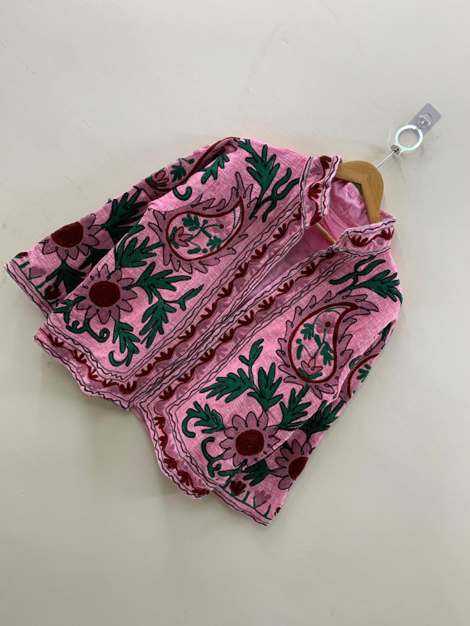 Pink Suzani Embroidered Jacket | Boho Floral Duster Coat | Handmade Bomber Jacket | Festival Kimono Jacket | TNT Short Jacket| Gift For Her