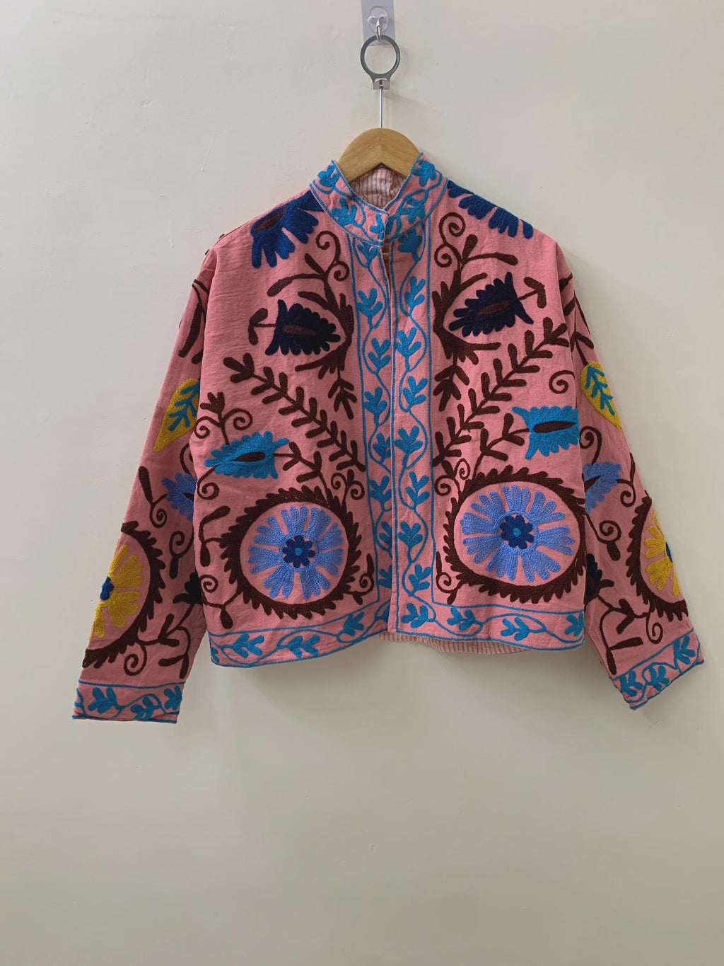 Handmade Pink Cotton Suzani Jacket | Embroidered Floral Boho Coat