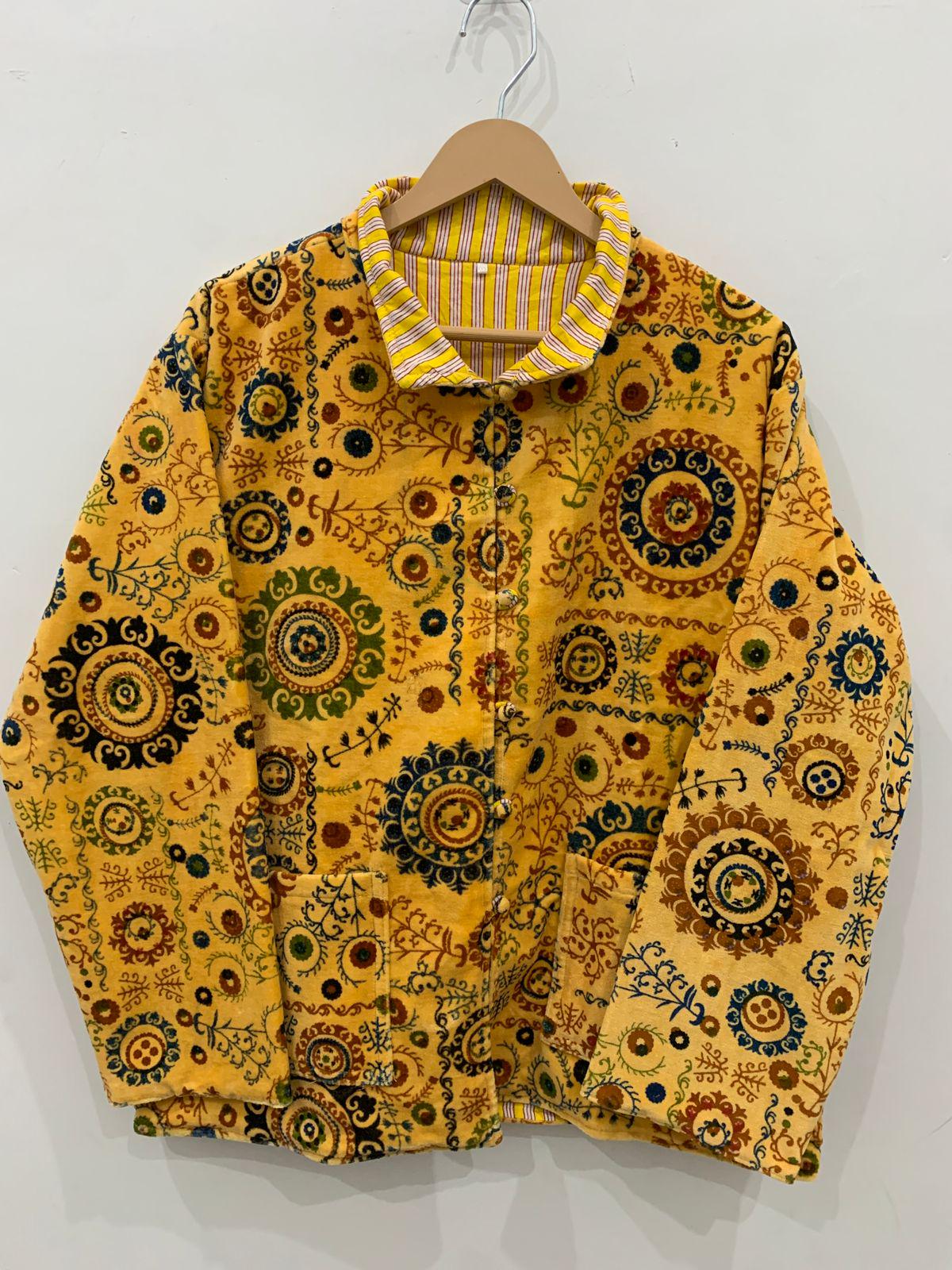 Yellow Floral Print Velvet Short Jacket | Printed Spring Jacket | Duster Jacket, Quilted Bomber Coat, Outerwear, Travel Jacket, Gift For Her