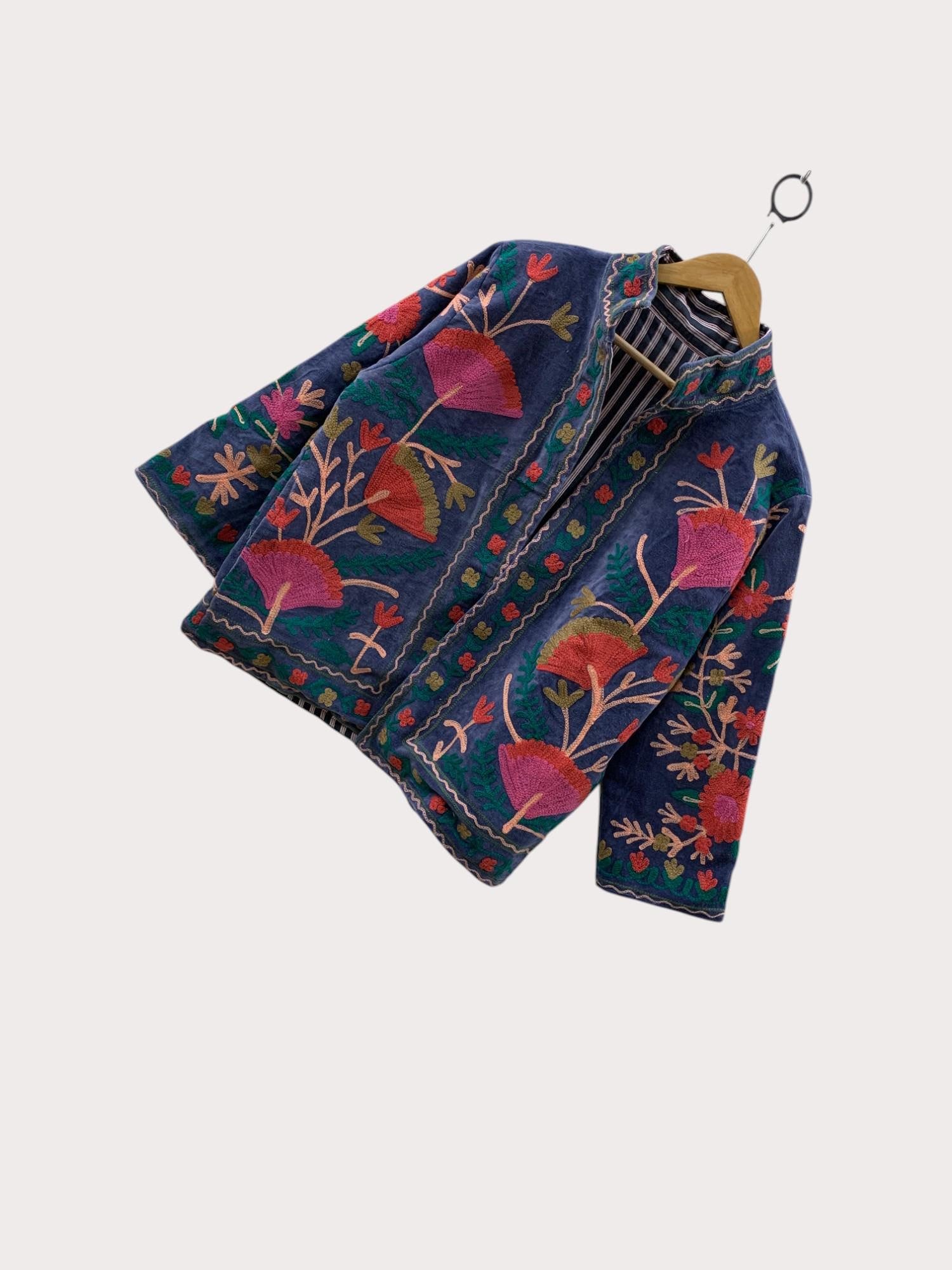 Velvet Suzani Jacket | Floral Embroidered Uzbek Handmade Coat | Boho Festival Outerwear | Vintage Bohemian Blazer | Gift for Her