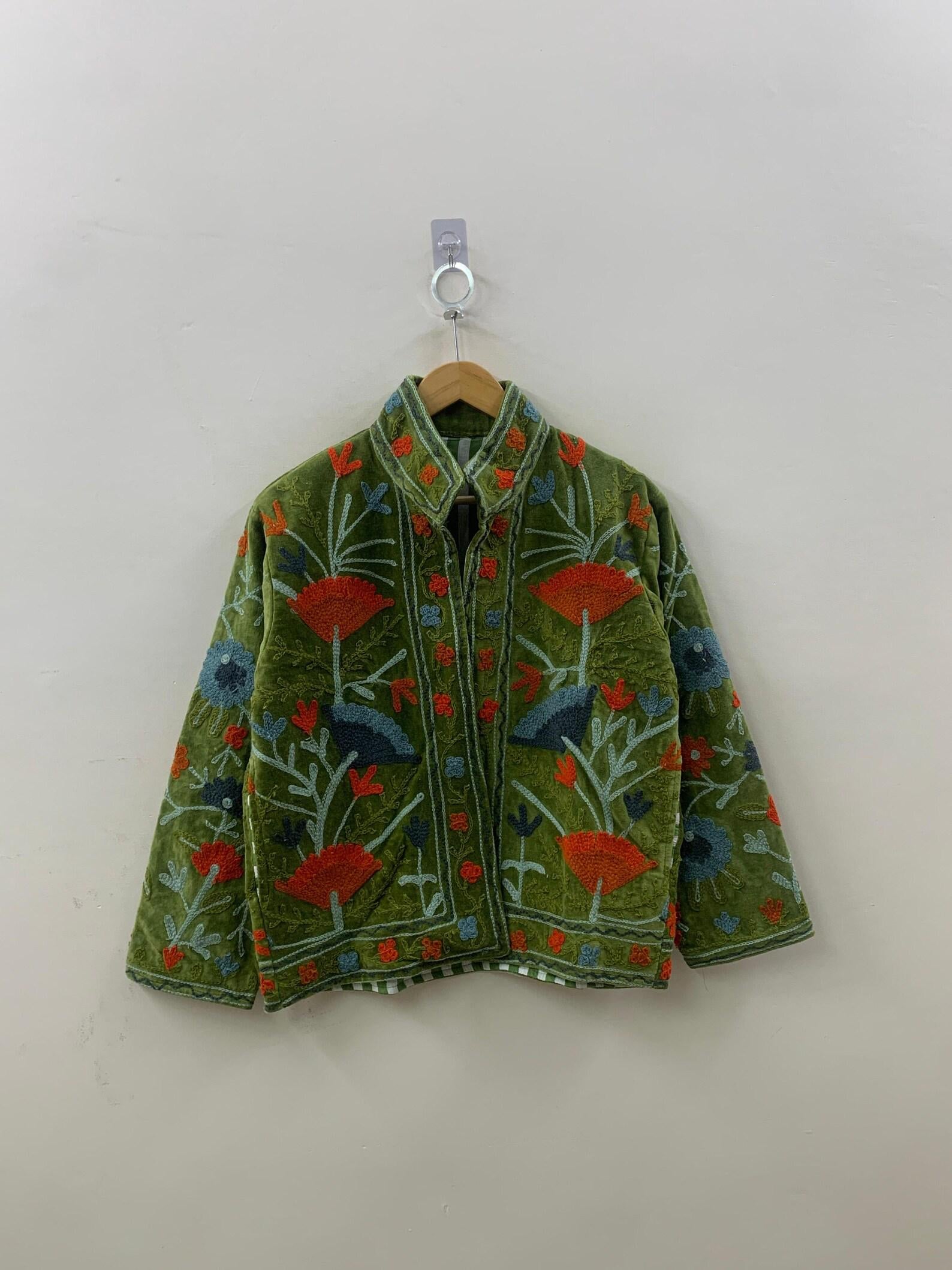 Green Floral Suzani Embroidered Velvet Winter Jacket | Short Festival Coat |Ethnic Bohemian Outerwear | Winter Kimono Jacket | Gift For Wife