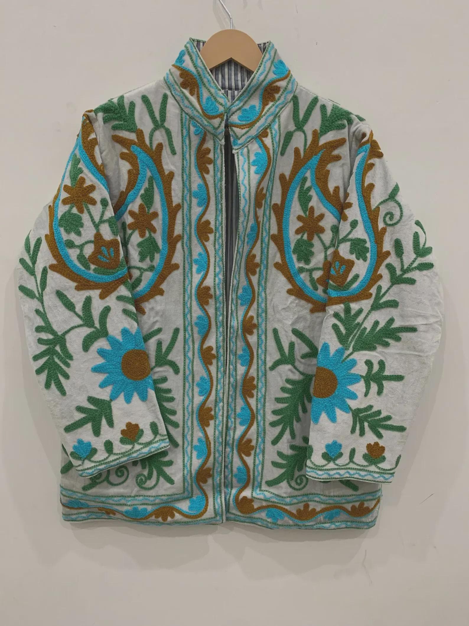 GreyTraditional Suzani Velvet Jacket | Embroidered Bohemian Winter Coat | Ethnic Short Kimono Outerwear | Gift for Women
