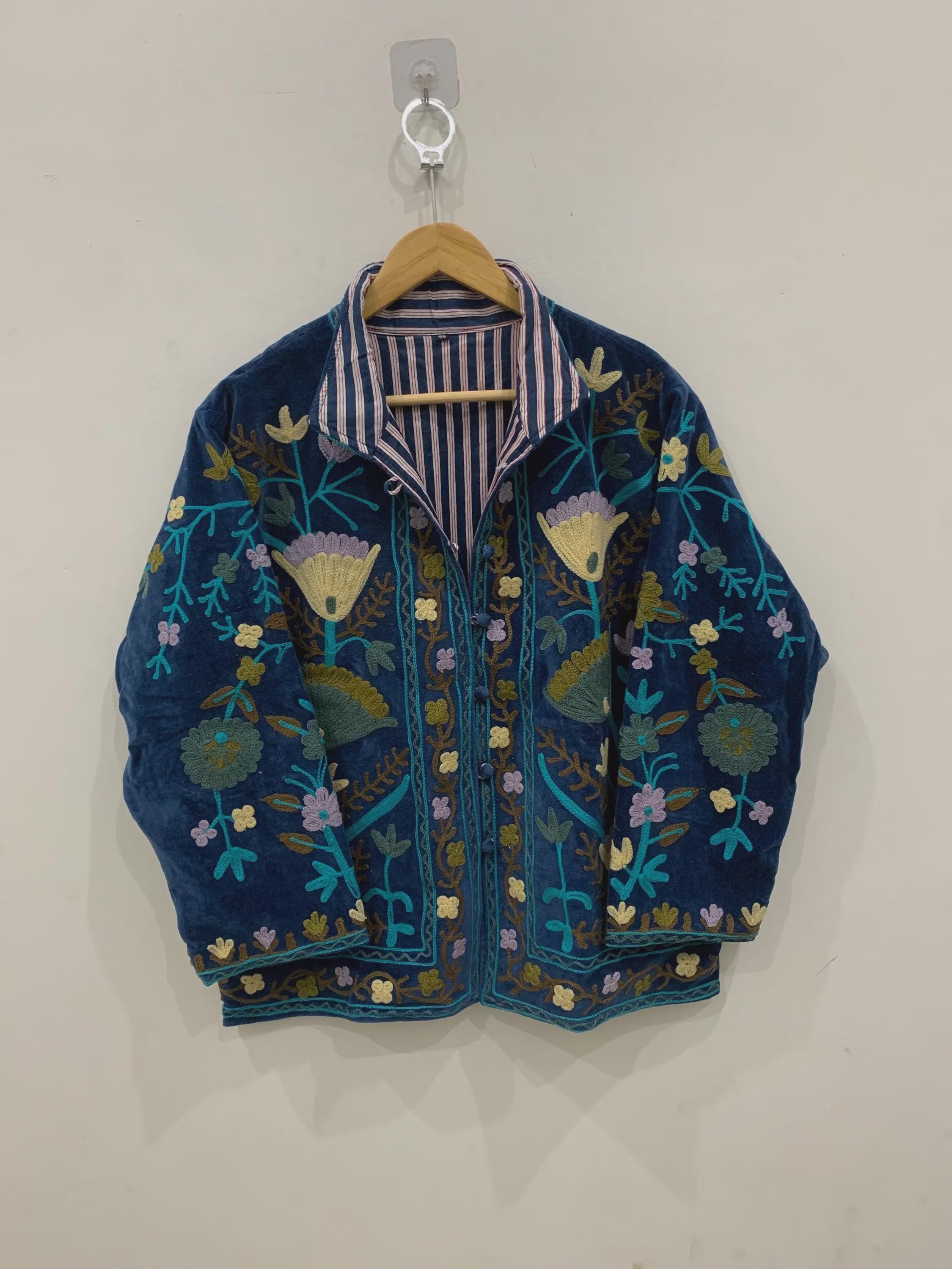 Vintage Velvet Suzani Jacket | Floral Embroidered Jacket | Winter Kimono Jacket | Winter Warm Coat | Handmade Jacket | Gift for Her