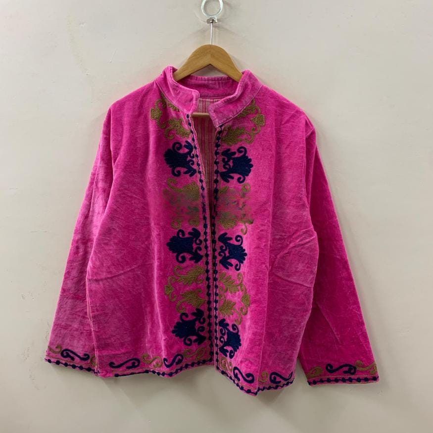 Pink Velvet Suzani Embroidery Jacket | Suzani Duster Jacket | Winter Kimono Jacket | Women's Bomber Coat, Robe, Gift For Her |Street Fashion