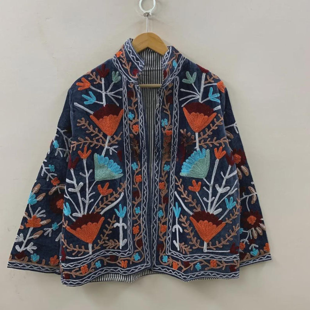 Handmade Suzani Velvet Short Jacket | Suzani Embroidery Jacket |Winter Women's Jacket | Suzani Coat | Gift For Her |Duster Indian Jacket